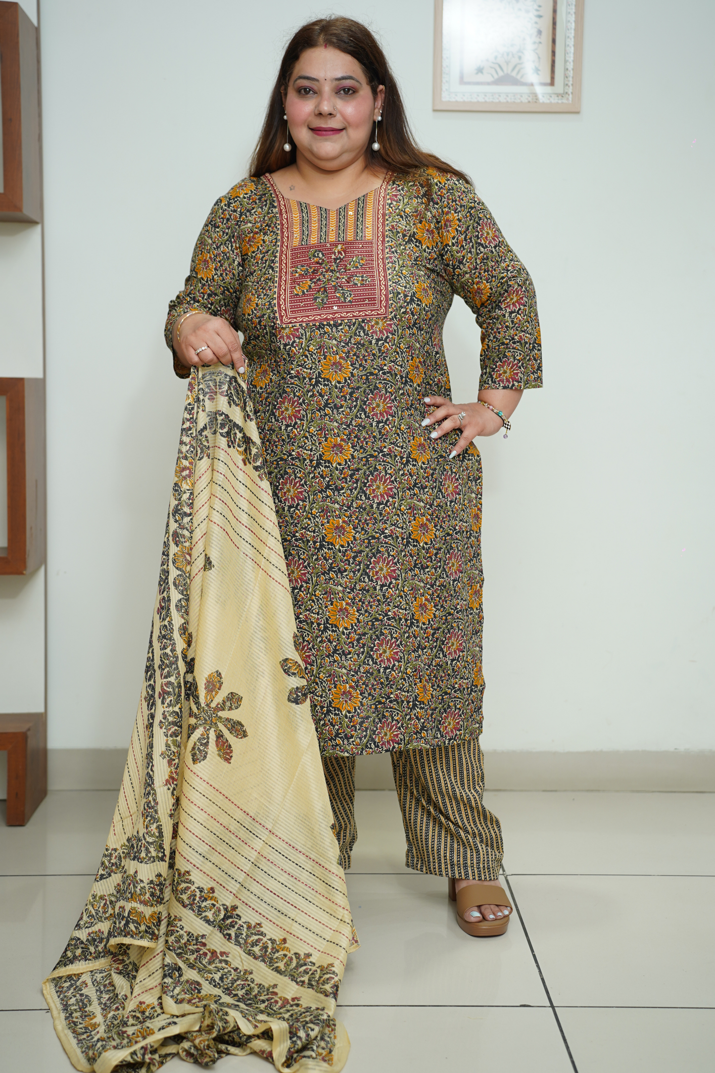 Black Floral Cotton Suit Set