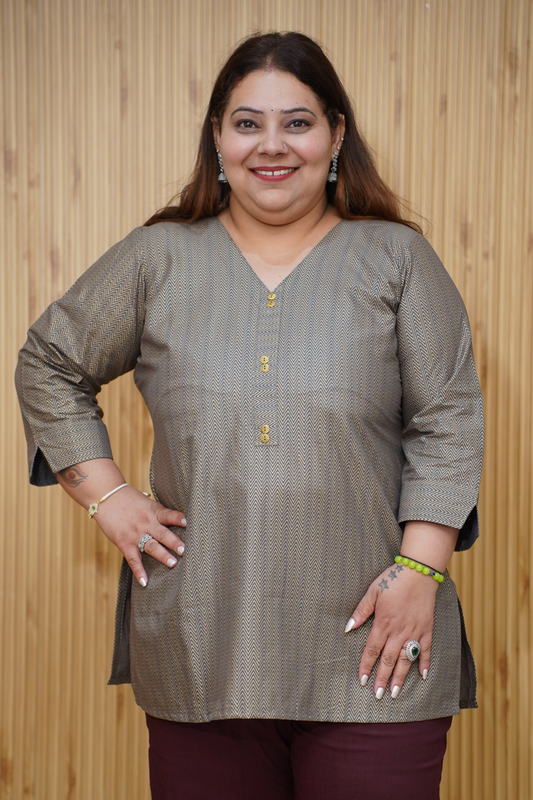 Grey Metallic Cotton Kurta with Foil Print