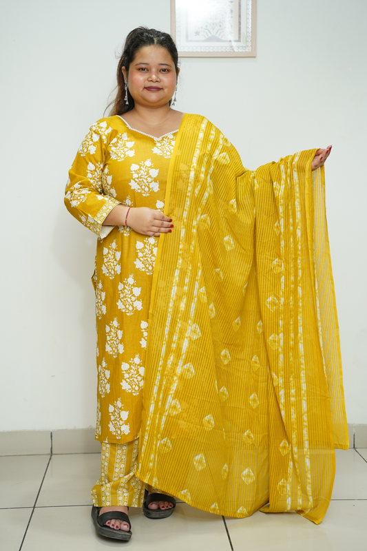 Mustard Floral Cotton Suit Set