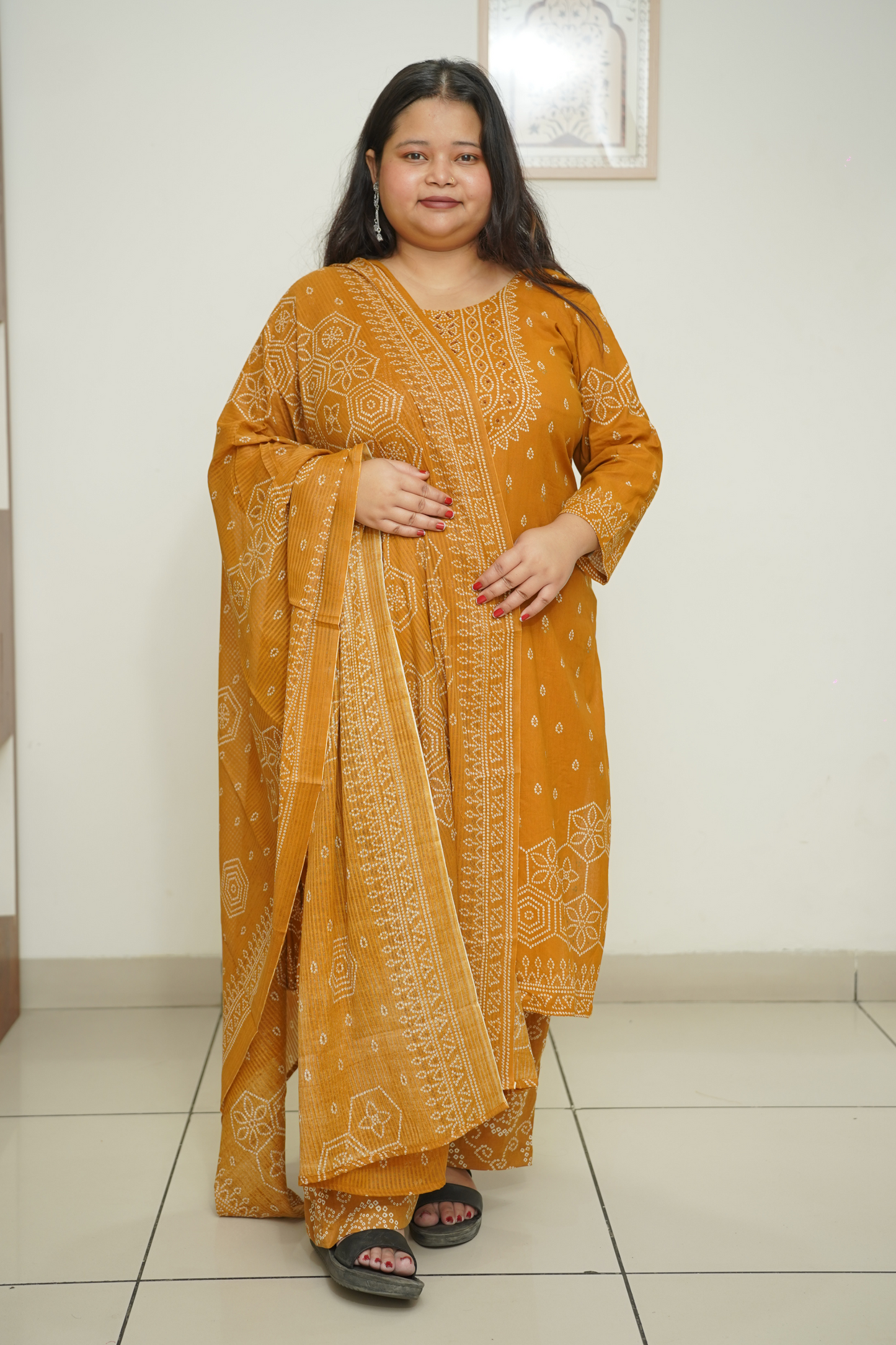 Mustard Jaipuri Print Suit Set
