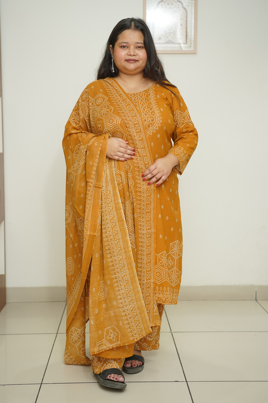 Mustard Jaipuri Print Suit Set