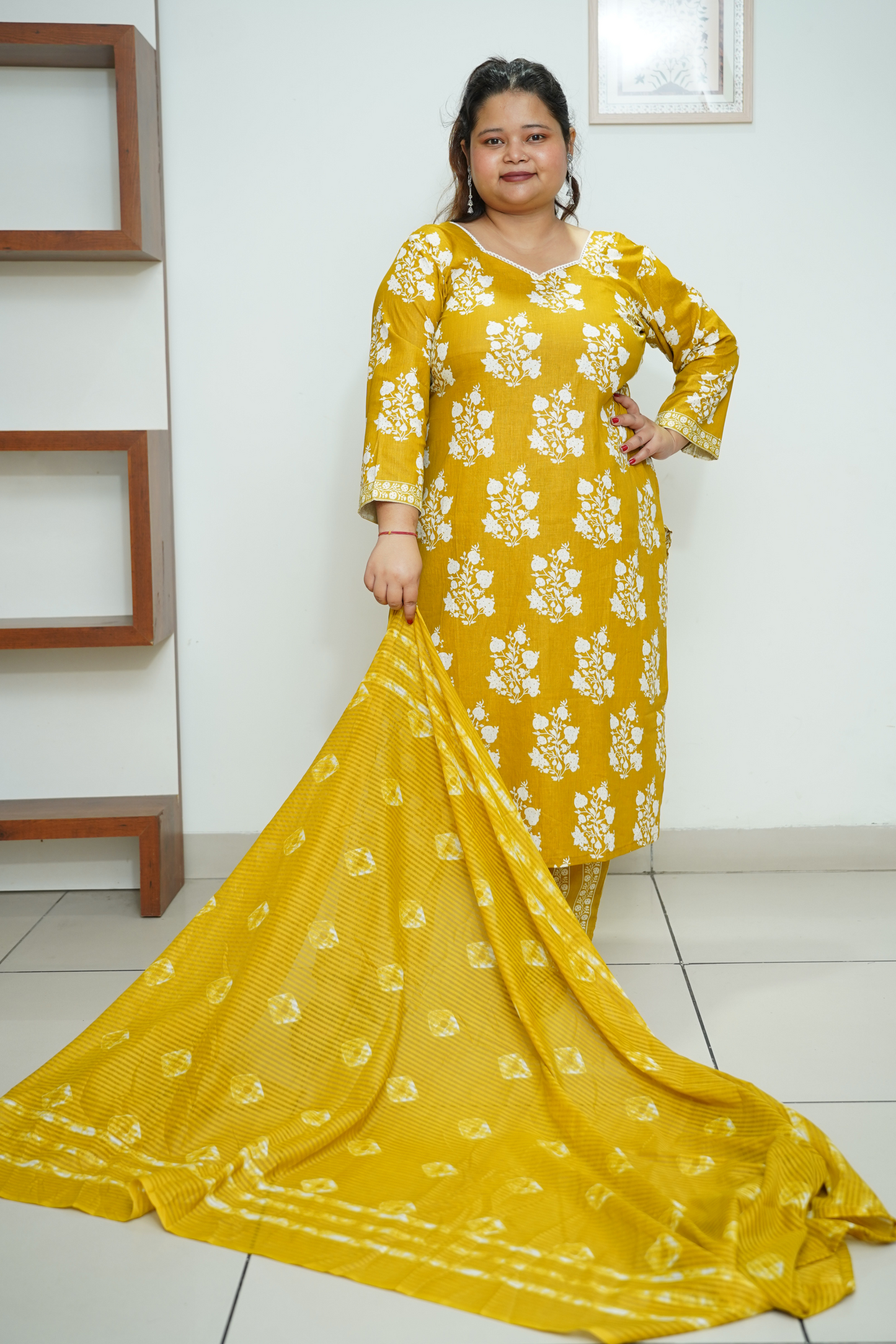 Mustard Floral Cotton Suit Set