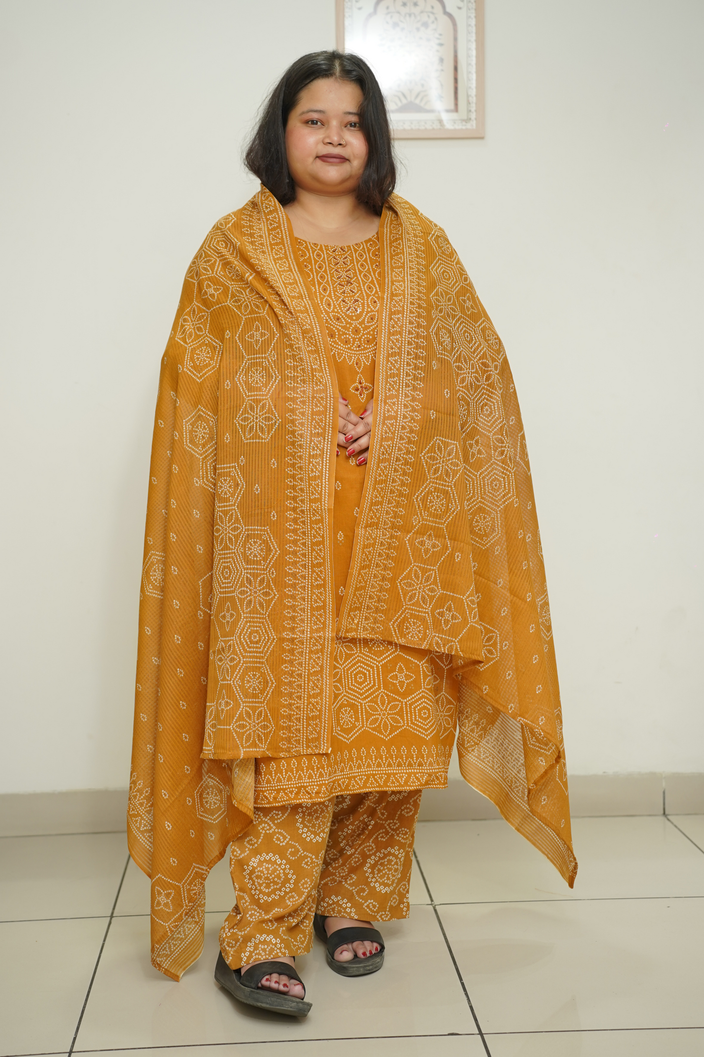 Mustard Jaipuri Print Suit Set