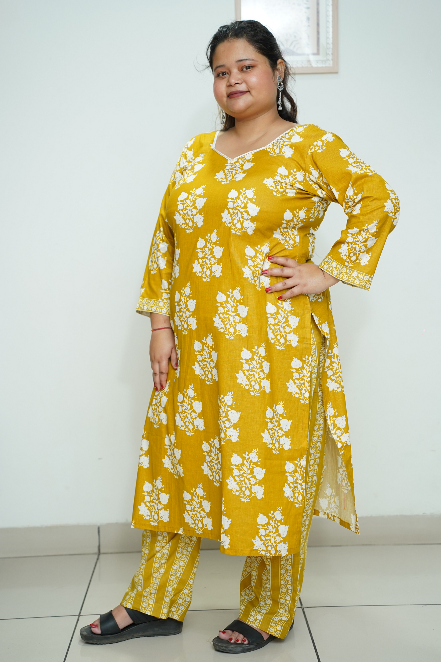Mustard Floral Cotton Suit Set
