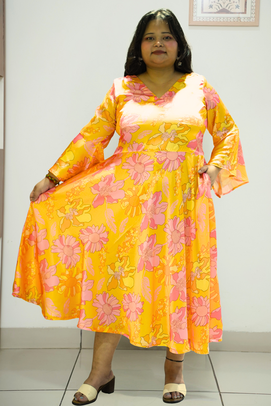 Women Plus Size Neon Yellow Floral Flared Dress with Pockets