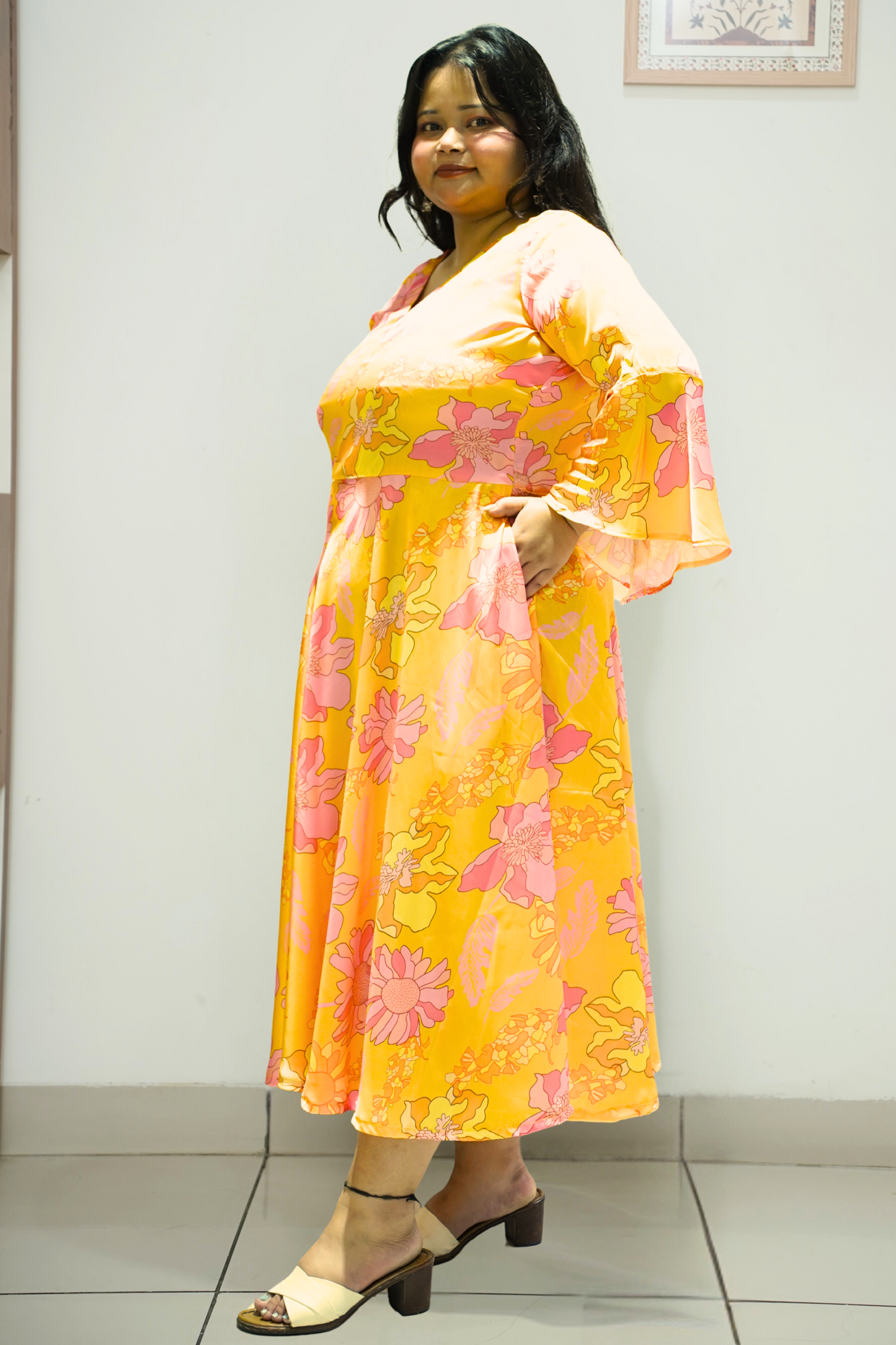 Women Plus Size Neon Yellow Floral Flared Dress with Pockets