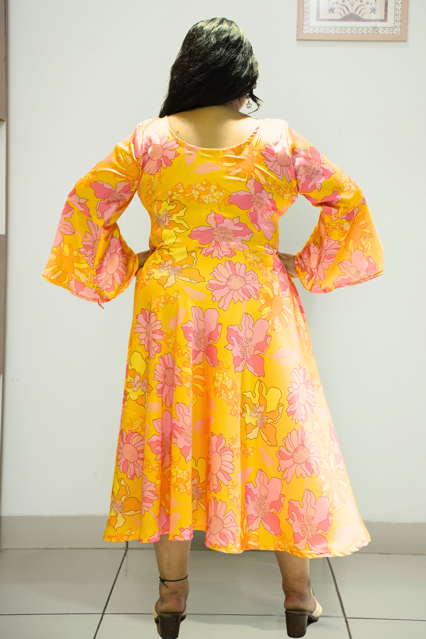 Women Plus Size Neon Yellow Floral Flared Dress with Pockets