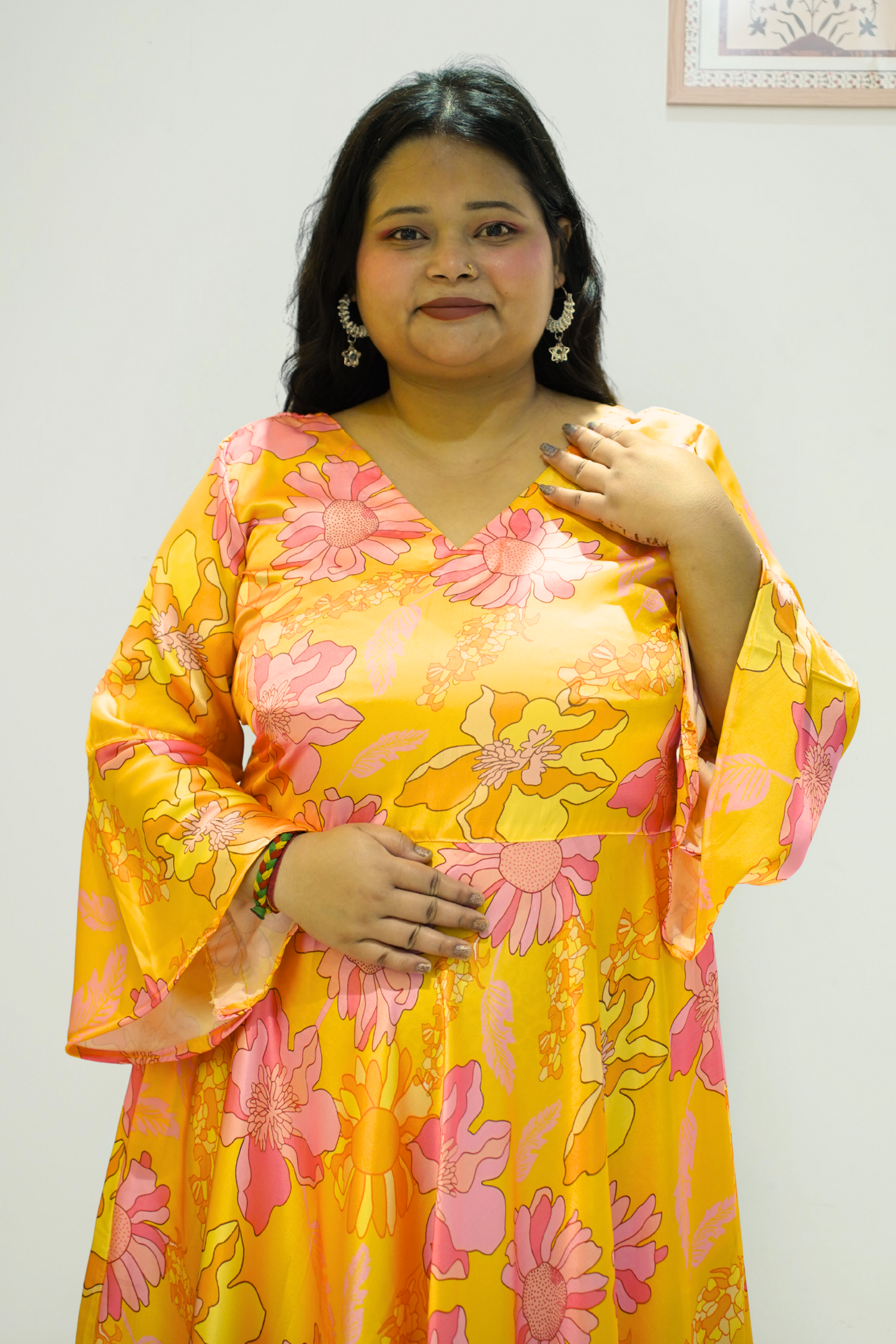 Women Plus Size Neon Yellow Floral Flared Dress with Pockets