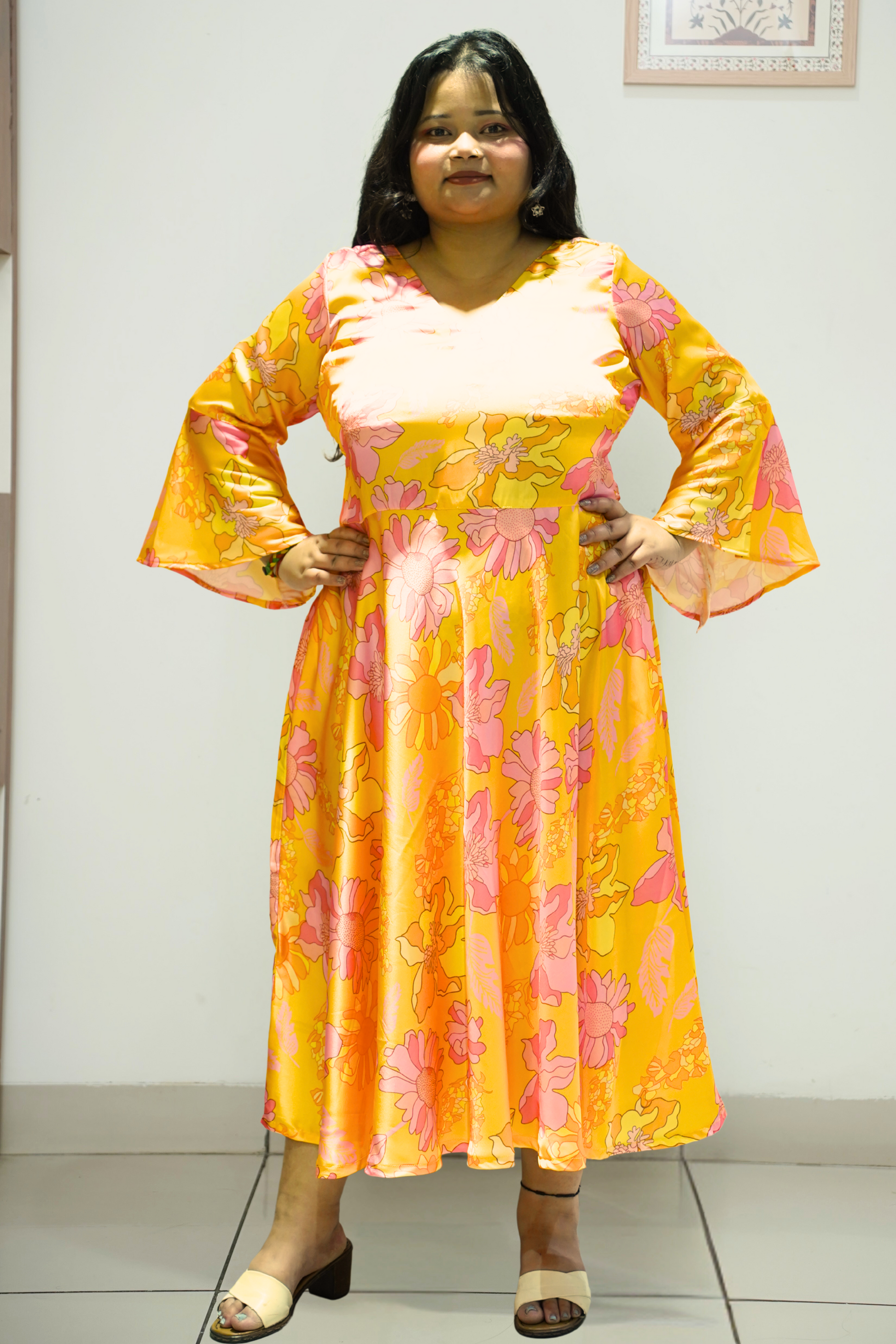 Women Plus Size Neon Yellow Floral Flared Dress with Pockets
