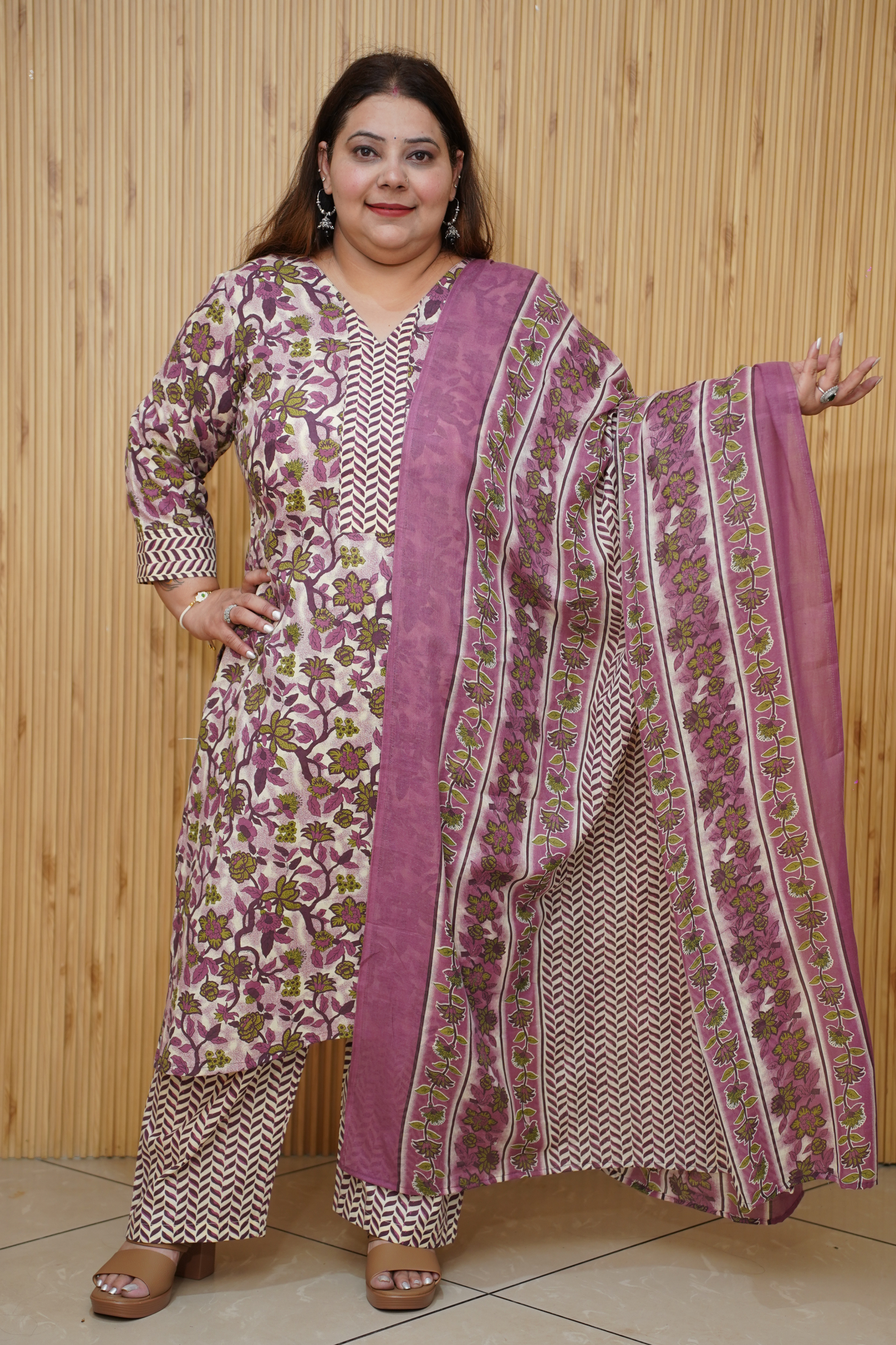 Women Plus Size Wine Floral Printed Cotton Suit Set