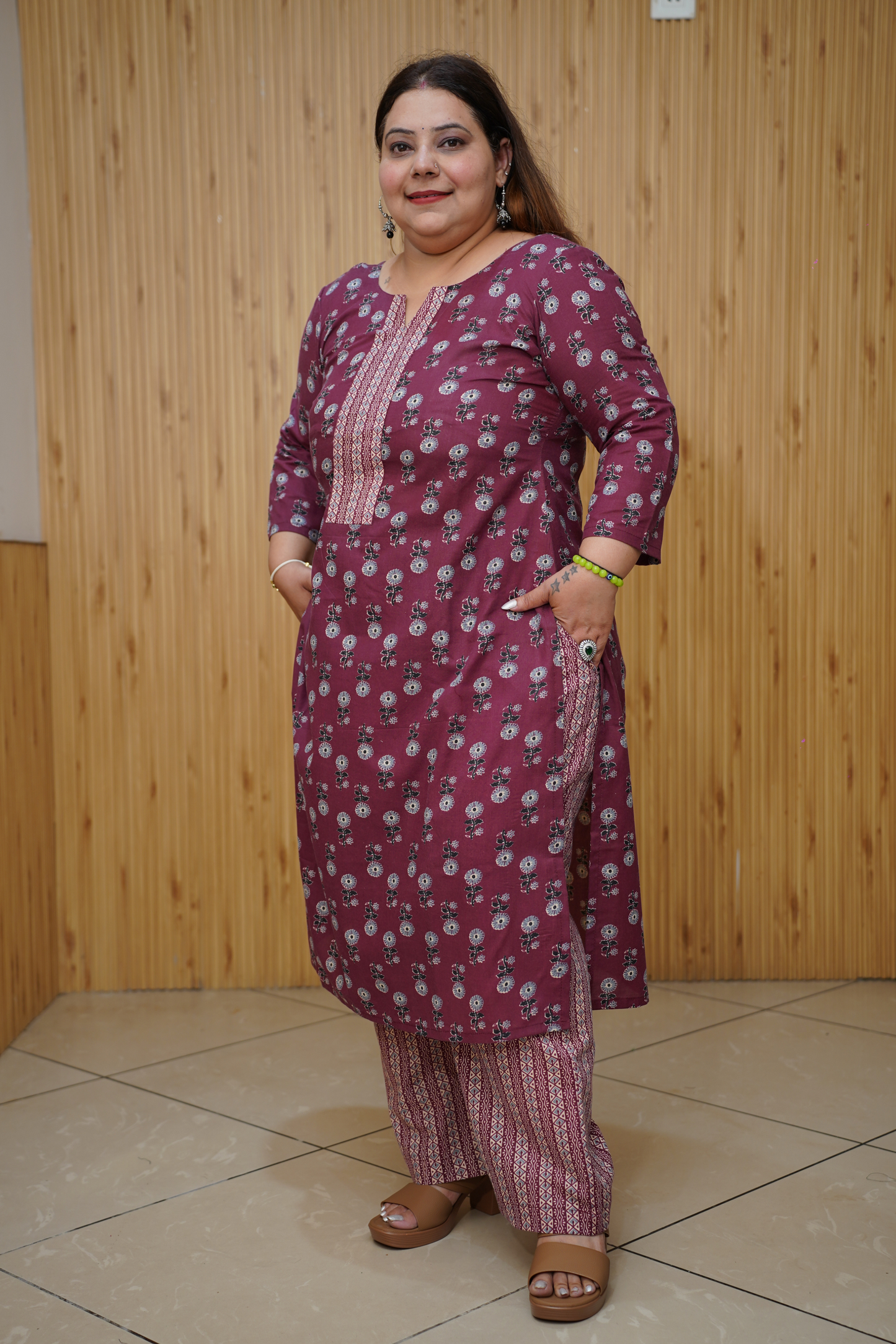 Women Plus Size Maroon Floral Printed Cotton Suit Set