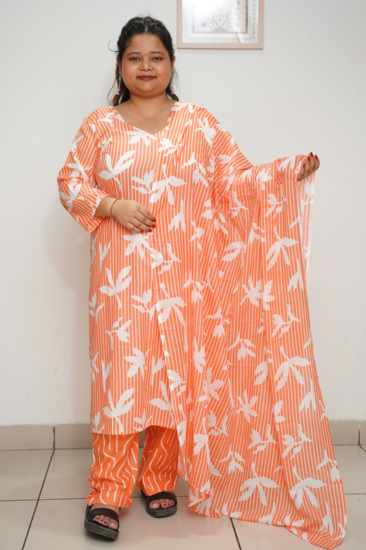 Orange Floral Cotton Suit Set