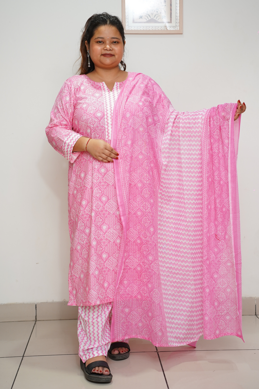 Pink Bandhani Cotton Suit Set