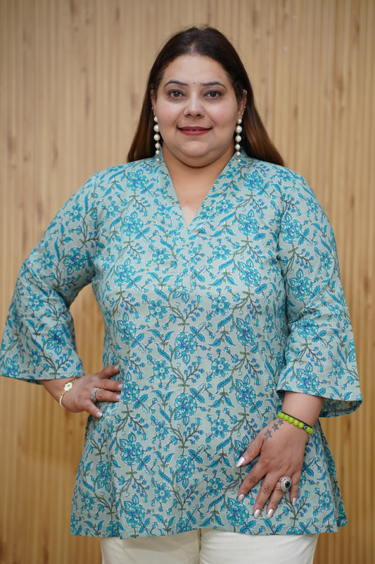 Greyish Blue Cotton Mandarin Kurta