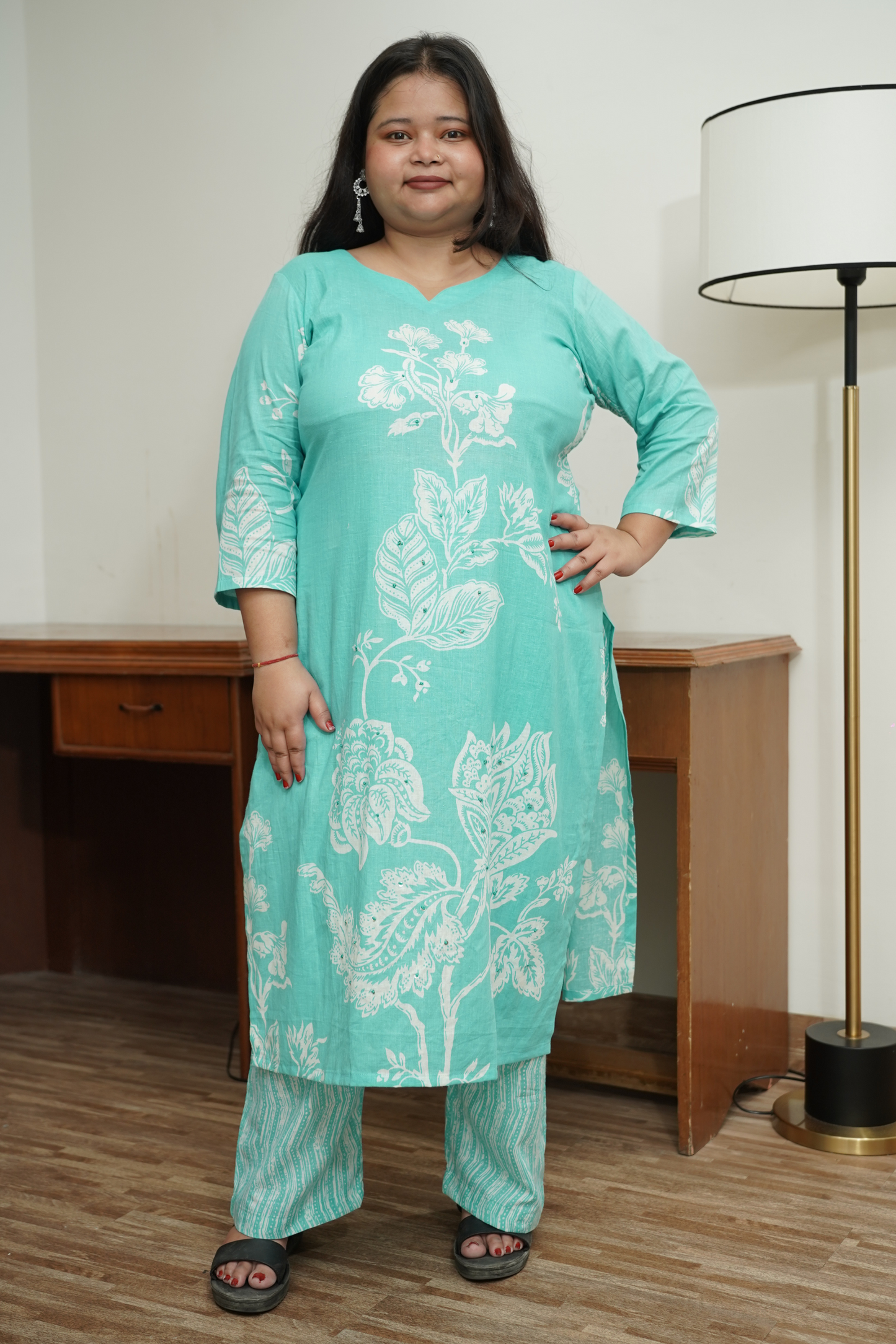 Sky Blue Floral Cotton Suit Set