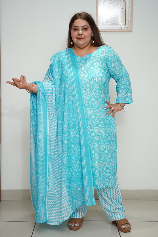 Sky Blue Bandhani Cotton Suit Set