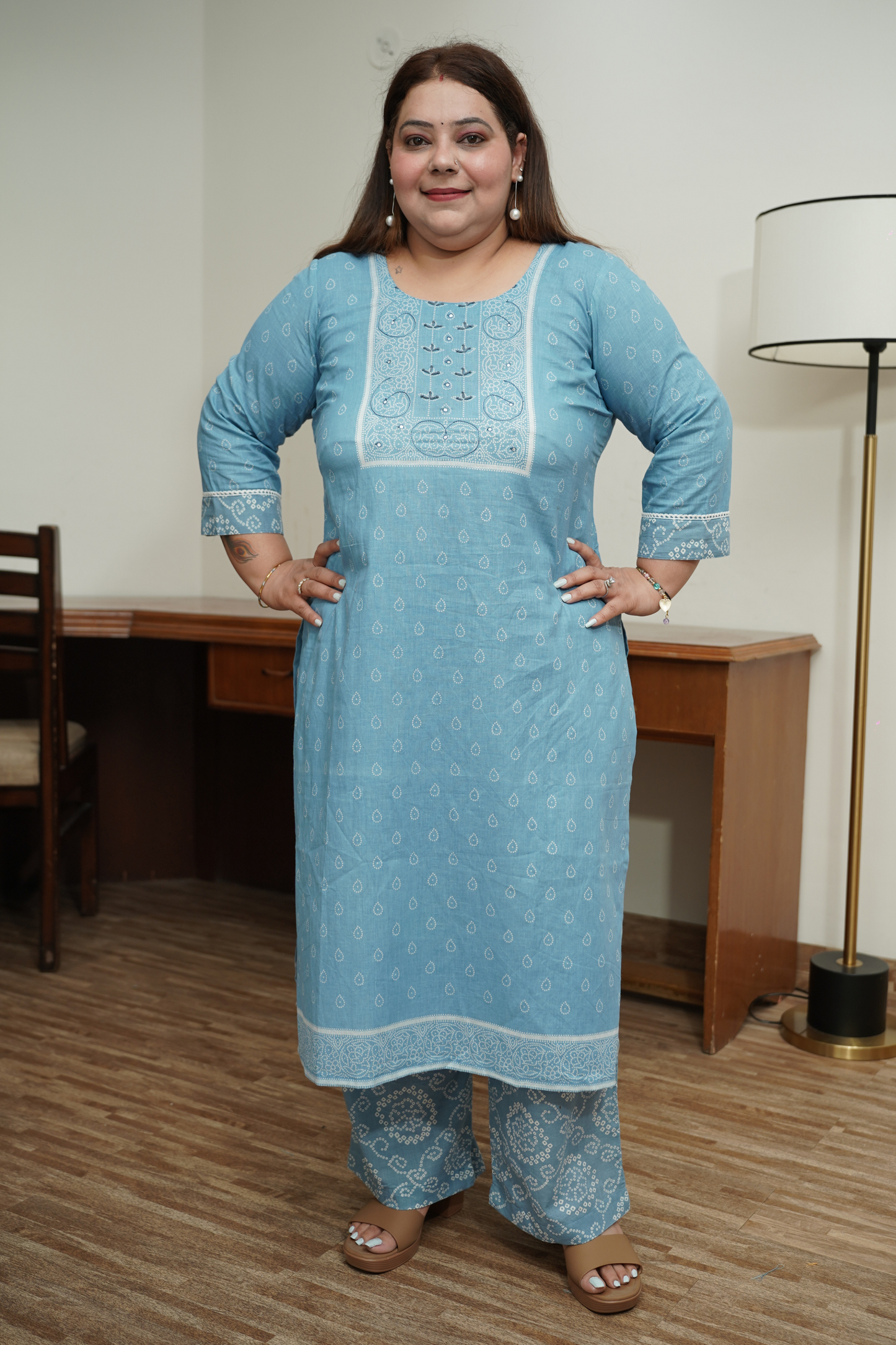 Sky Blue Block Print Suit Set