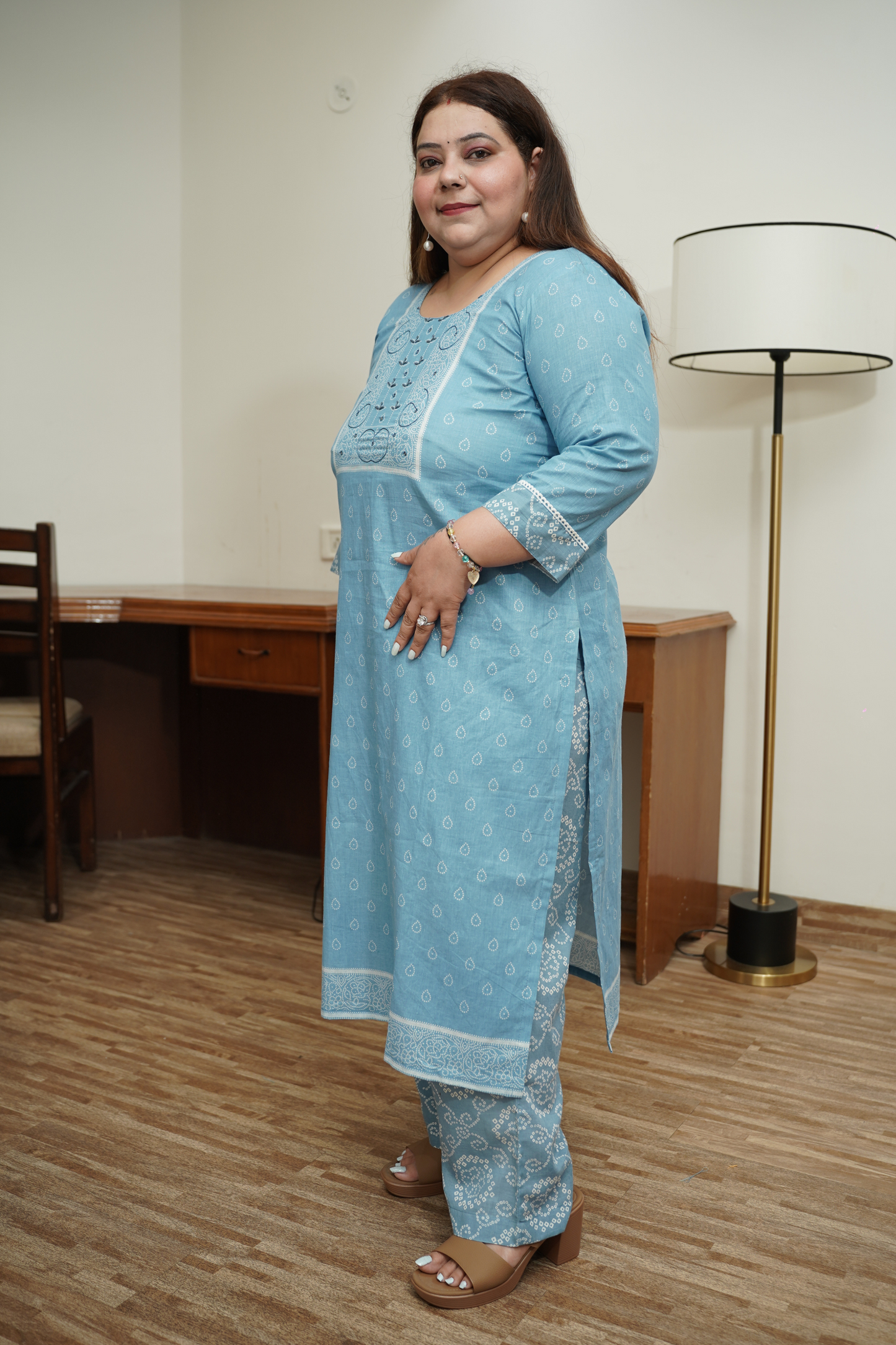 Sky Blue Block Print Suit Set