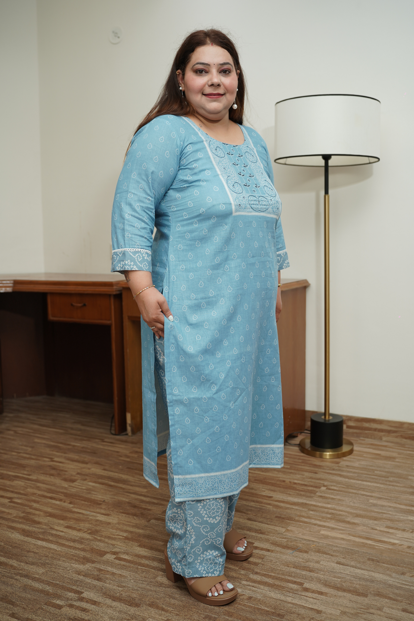 Sky Blue Block Print Suit Set