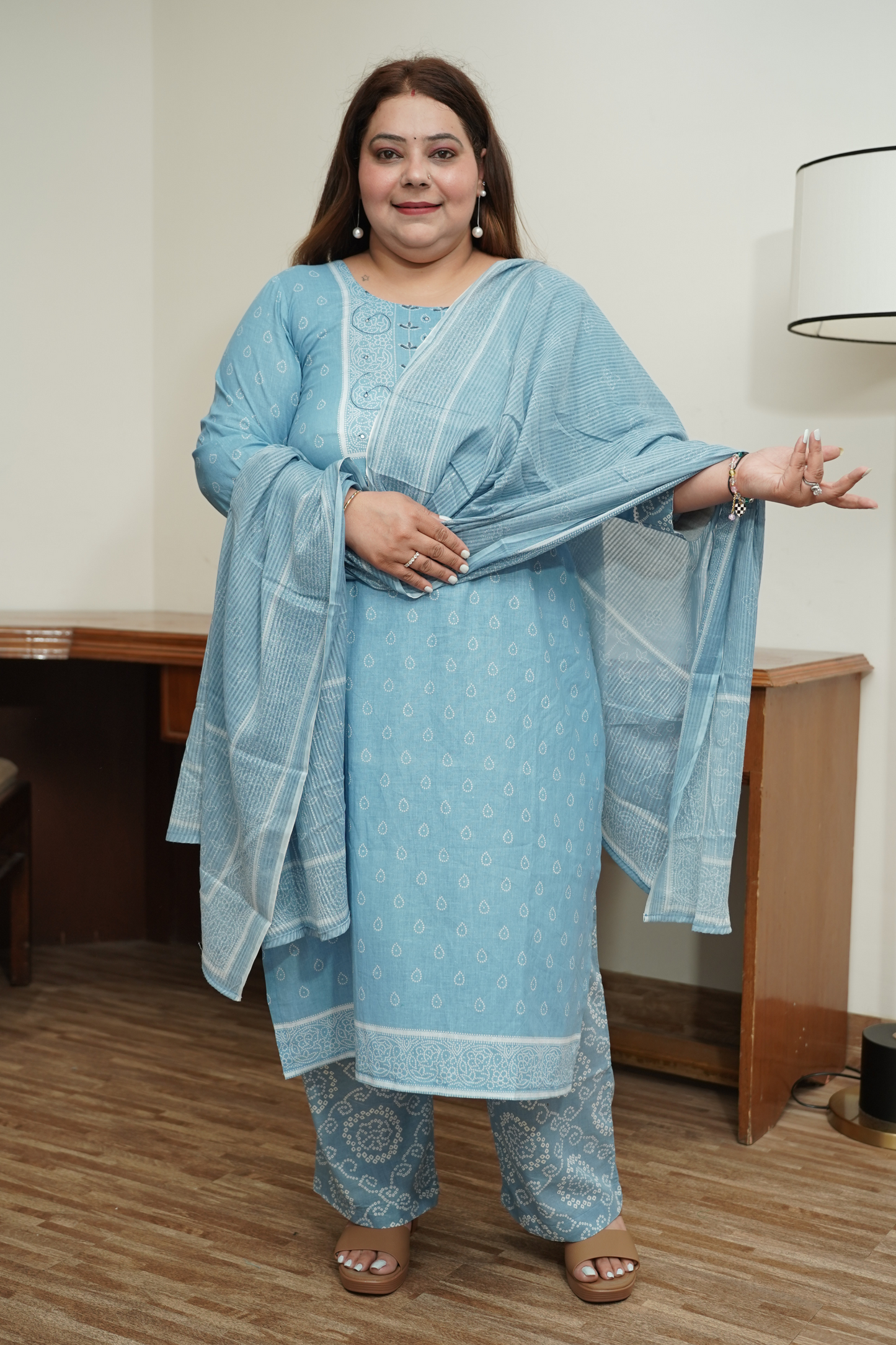 Sky Blue Block Print Suit Set