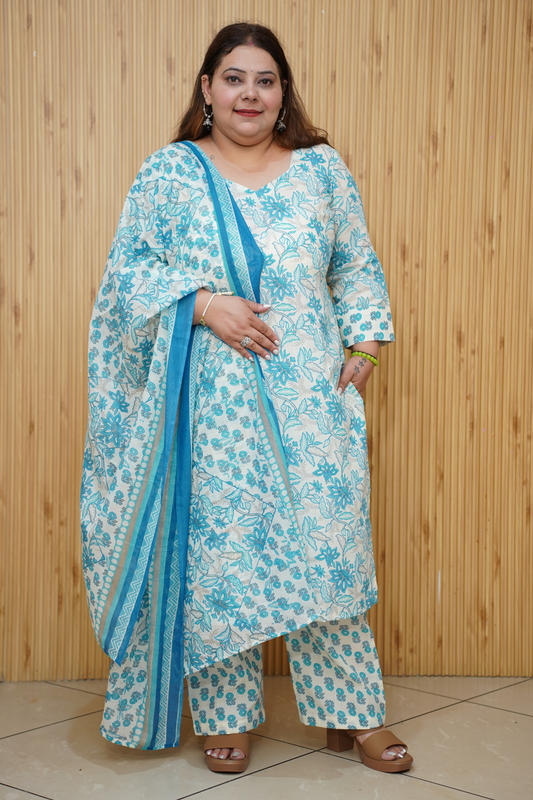 Women Plus Size Soft Blue Floral Cotton Suit Set