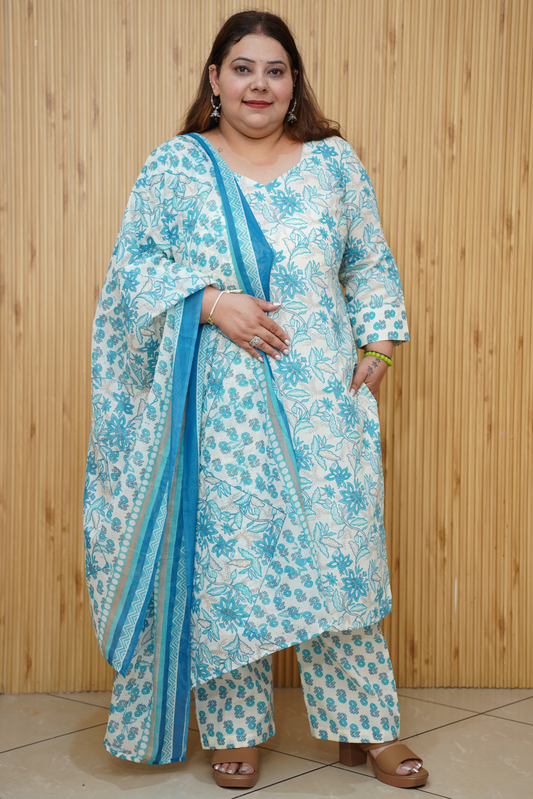 Soft Blue Floral Cotton Suit Set