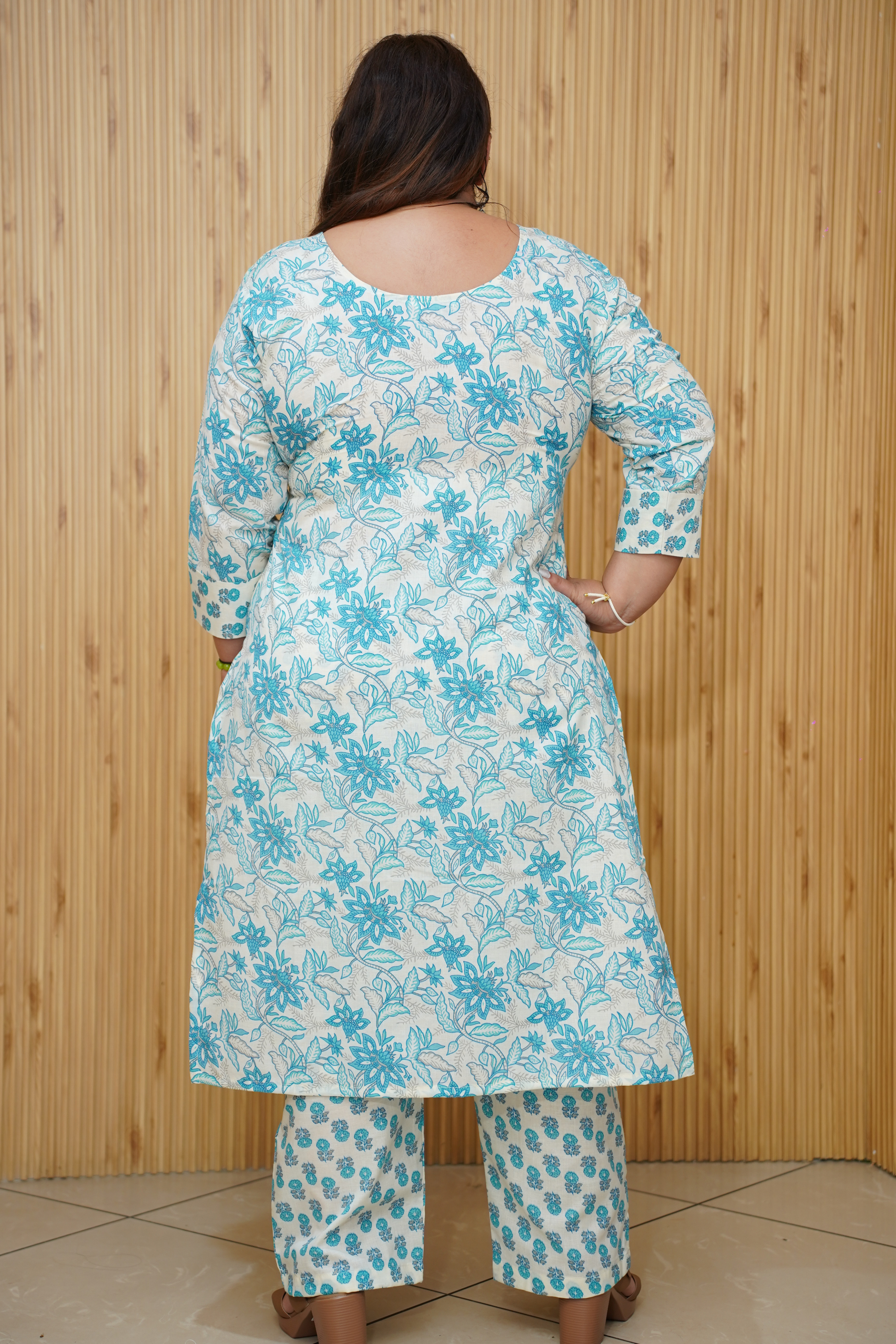 Women Plus Size Soft Blue Floral Cotton Suit Set