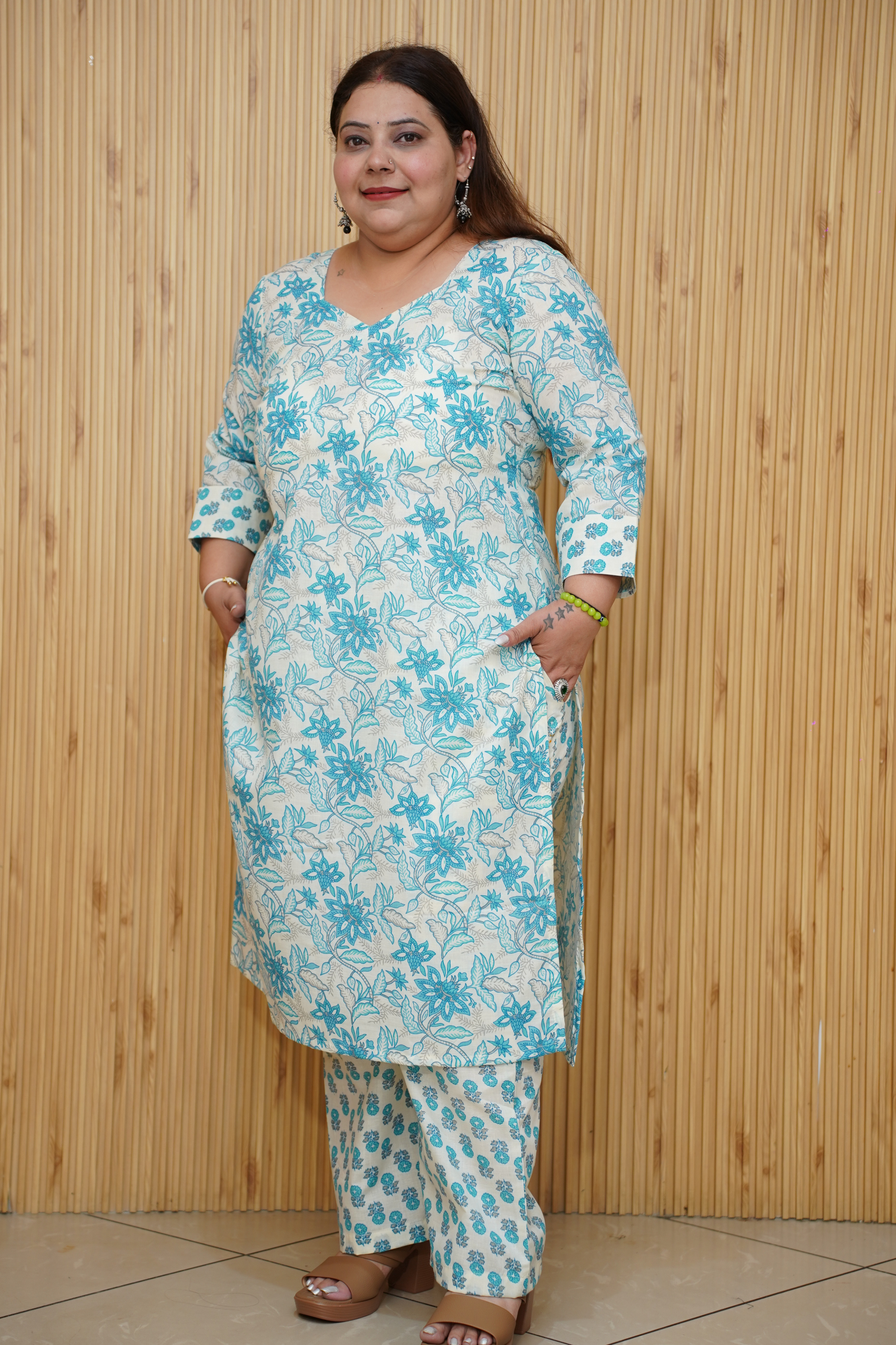 Women Plus Size Soft Blue Floral Cotton Suit Set