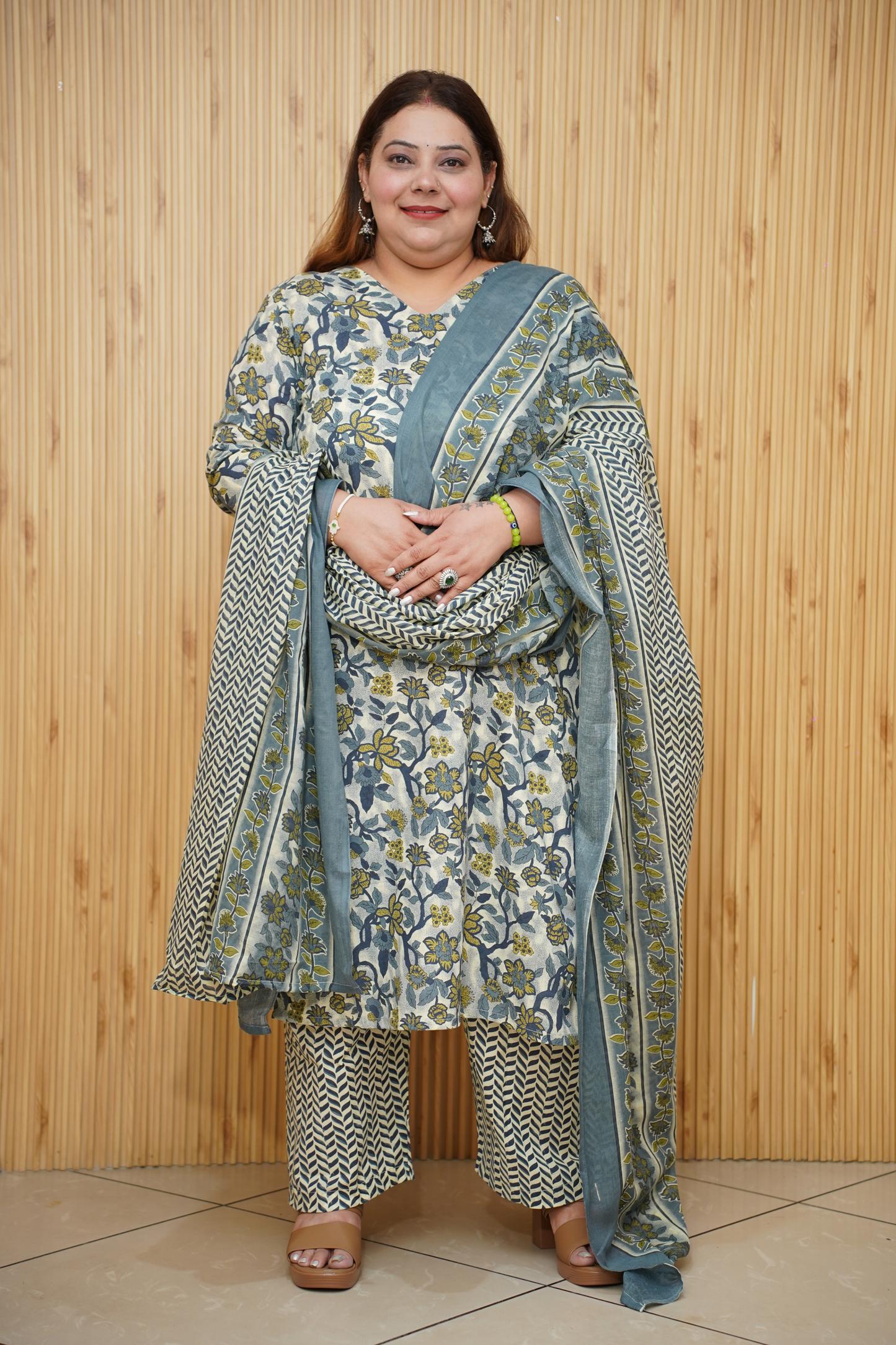 Smoky Grey Floral Cotton Suit Set