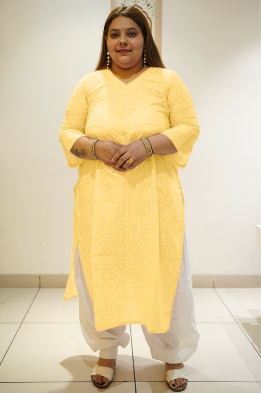 Yellow Cotton Jaipuri Print Kurta