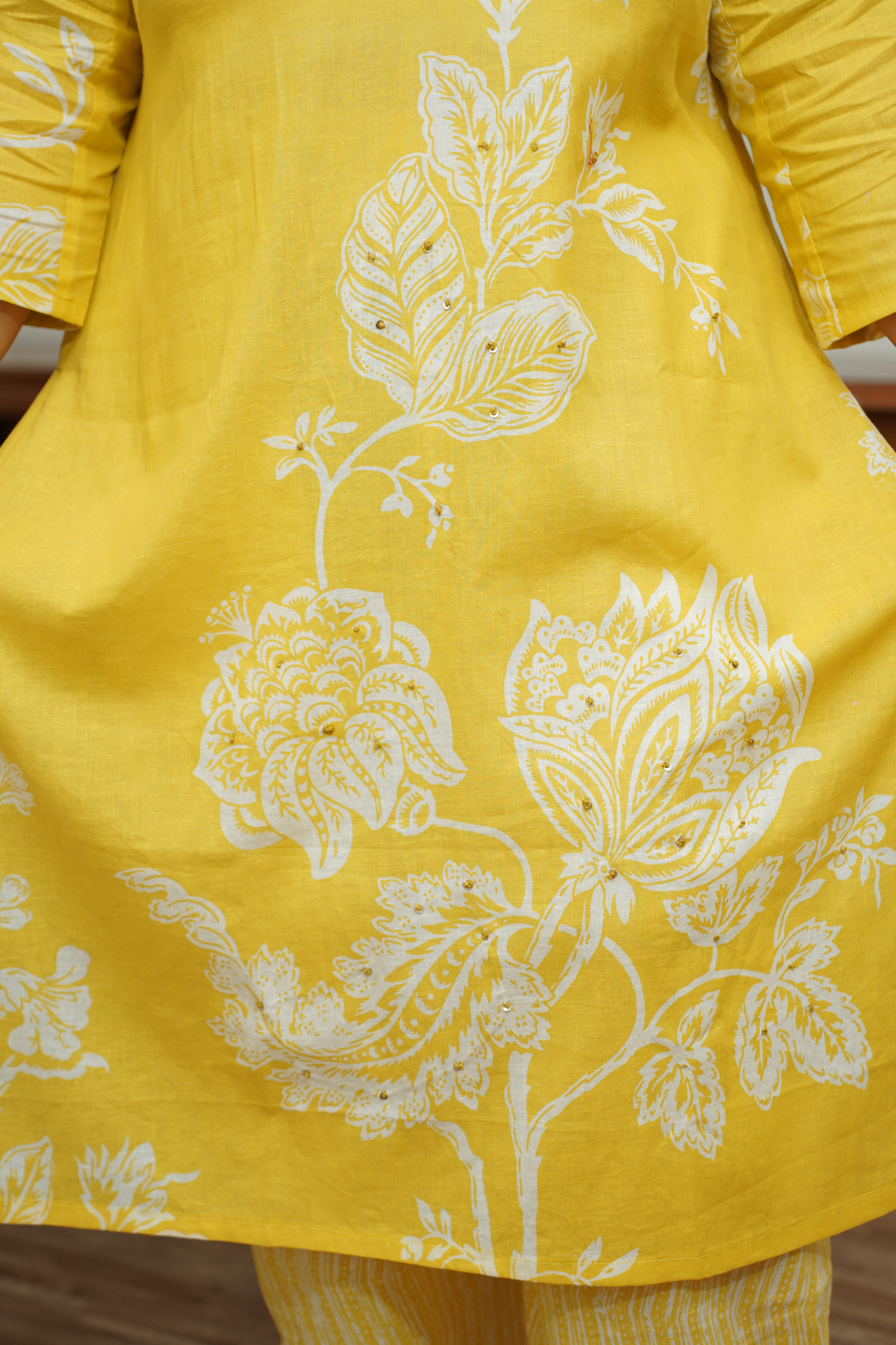 Bright Yellow Floral Cotton Suit Set