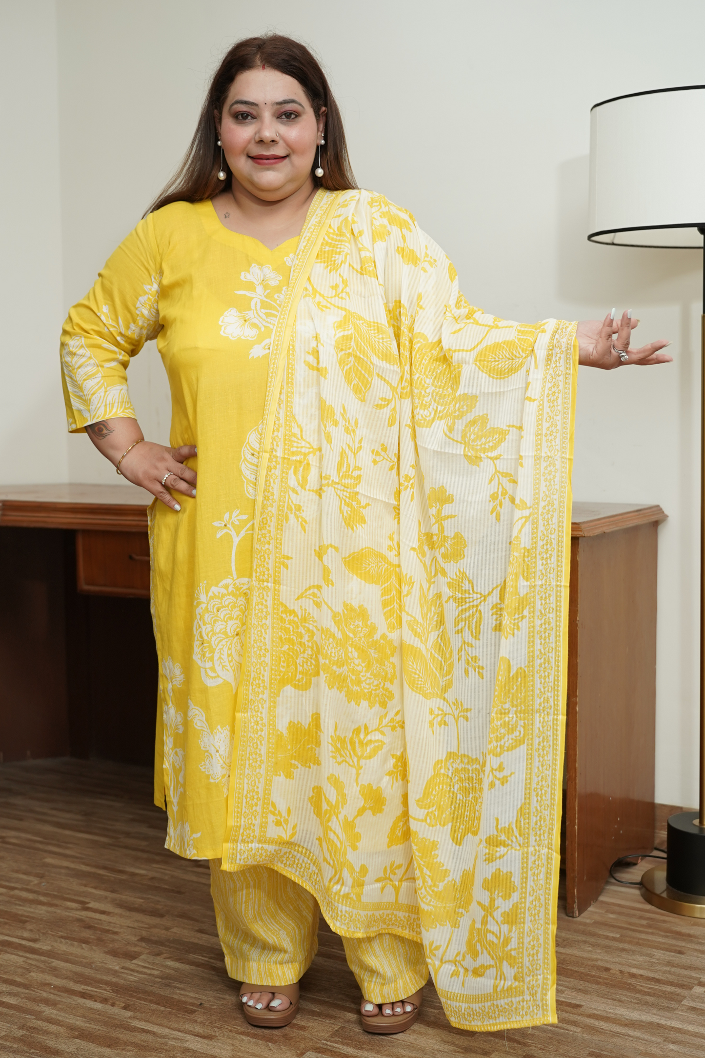 Bright Yellow Floral Cotton Suit Set