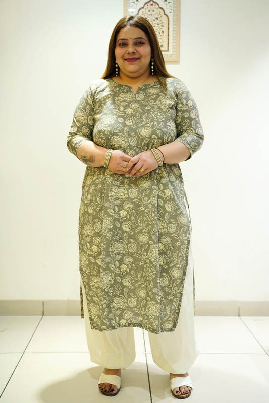 Mehendi Green Cotton Floral Print Kurta