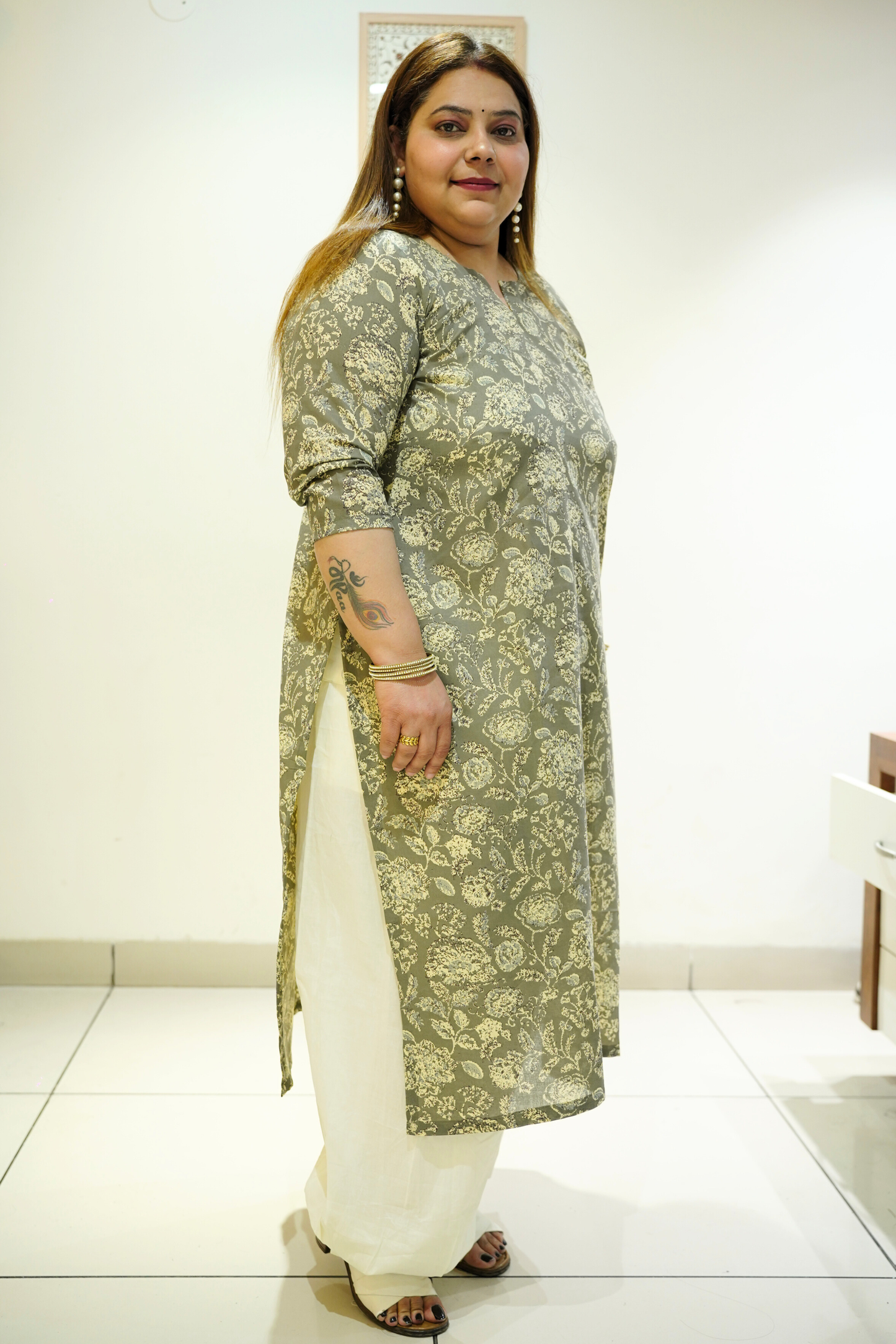 Mehendi Green Cotton Floral Print Kurta