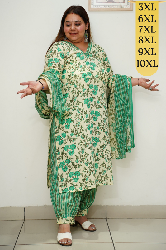 Green Cotton Floral Afghani Salwar Suit