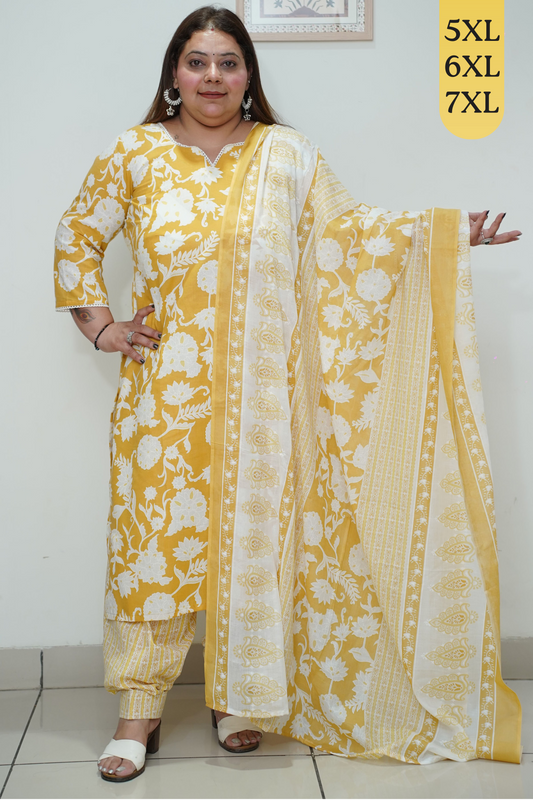 Yellow Floral Cotton Straight Cut Suit Set