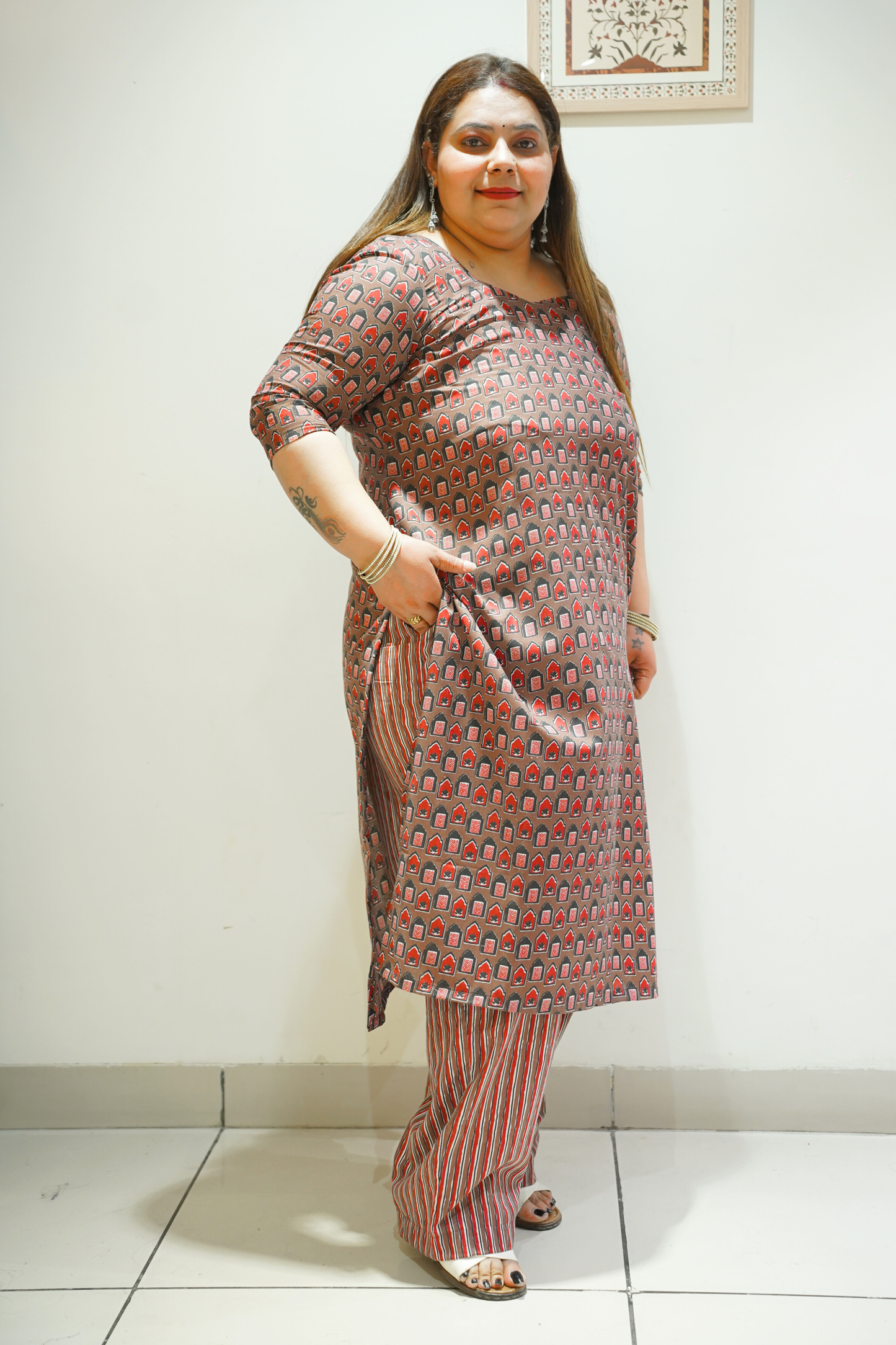 Brown Cotton Block Print Suit Set