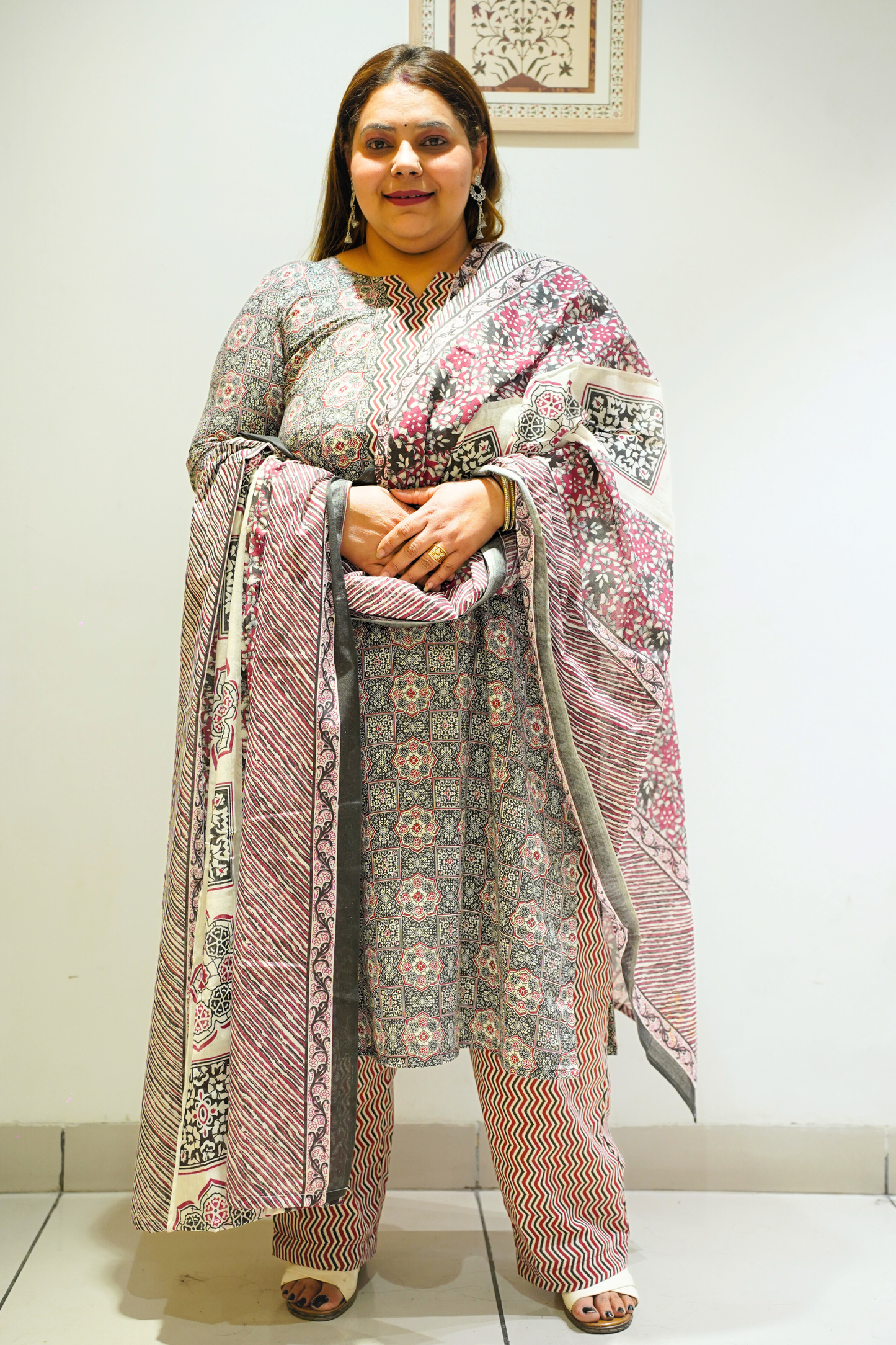 Black Cotton Block Print Suit Set