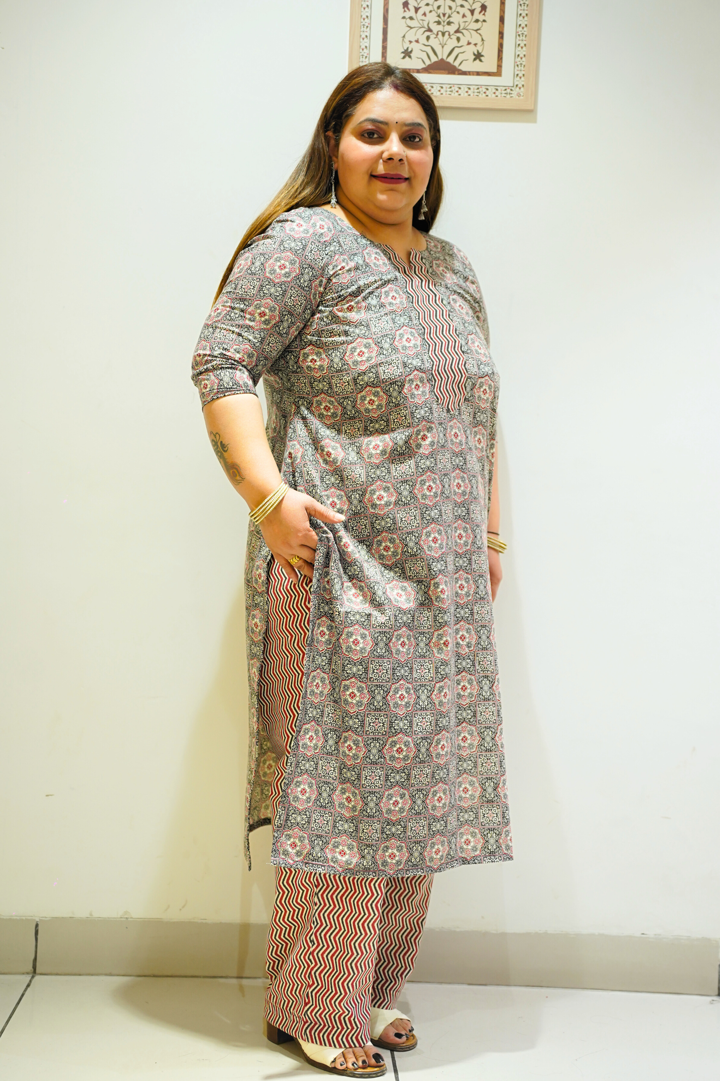 Black Cotton Block Print Suit Set