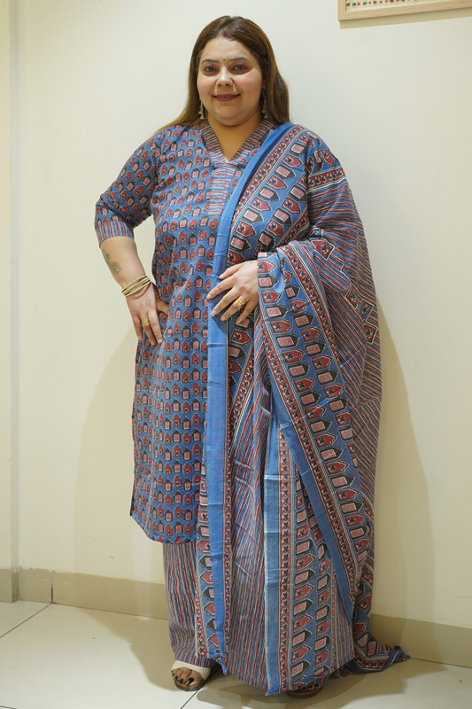 Blue Block Print Suit Set