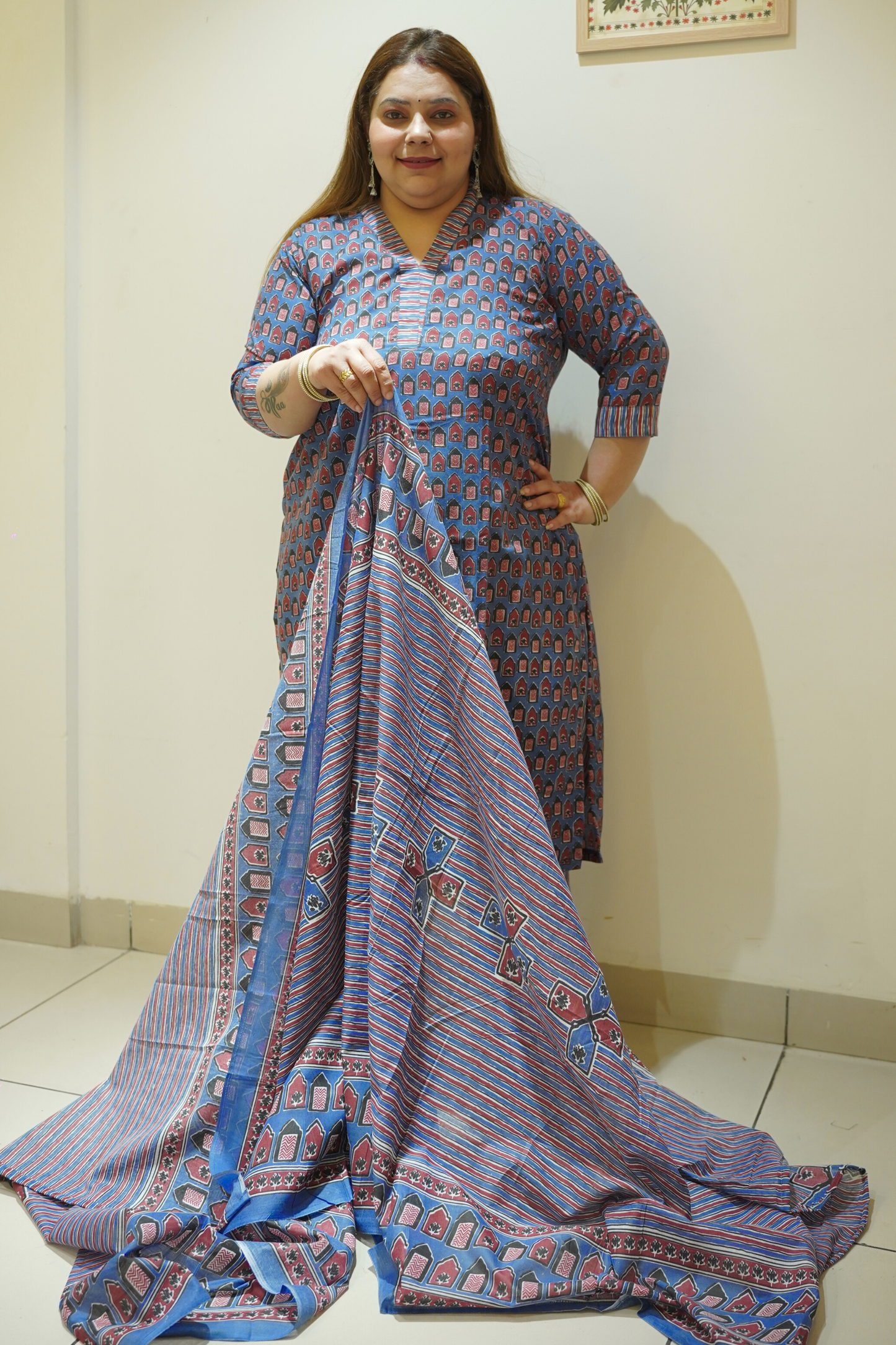 Blue Block Print Suit Set