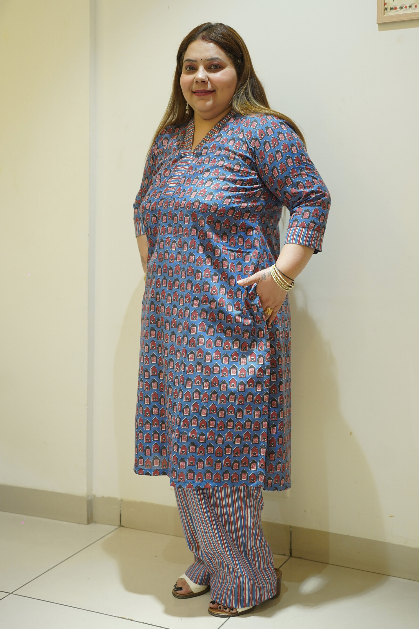 Blue Block Print Suit Set