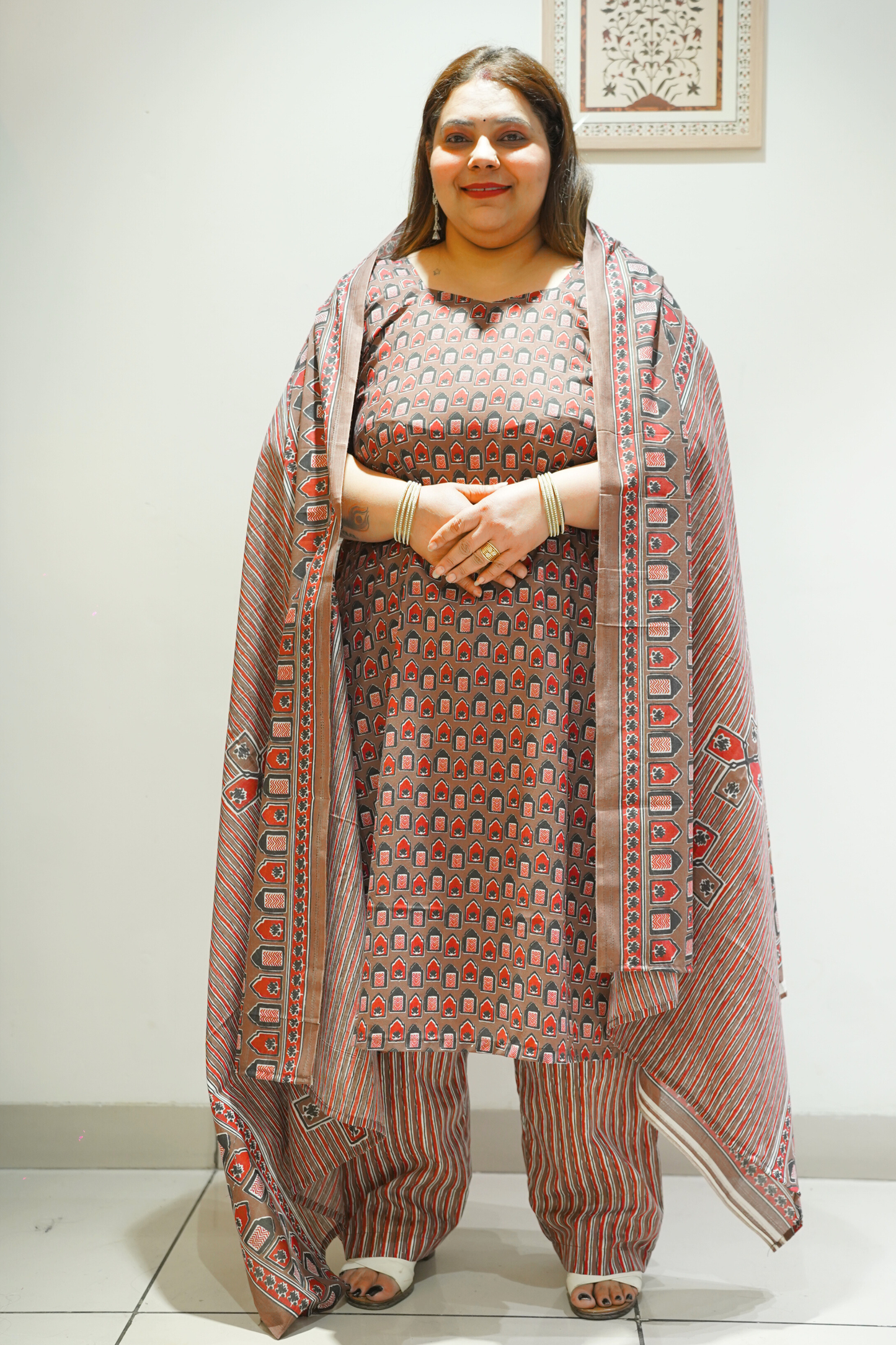 Brown Cotton Block Print Suit Set