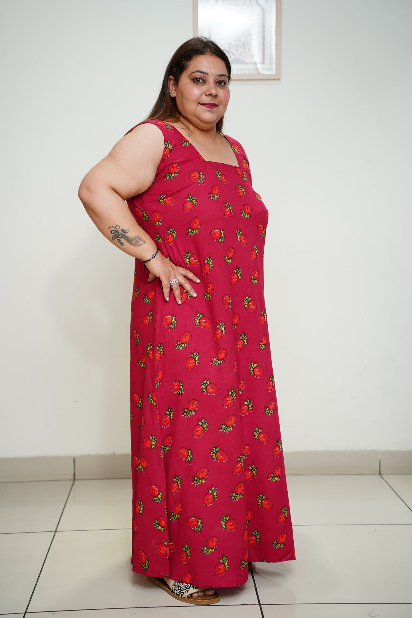 Women Plus Size Cherry Red Rayon Night Gown
