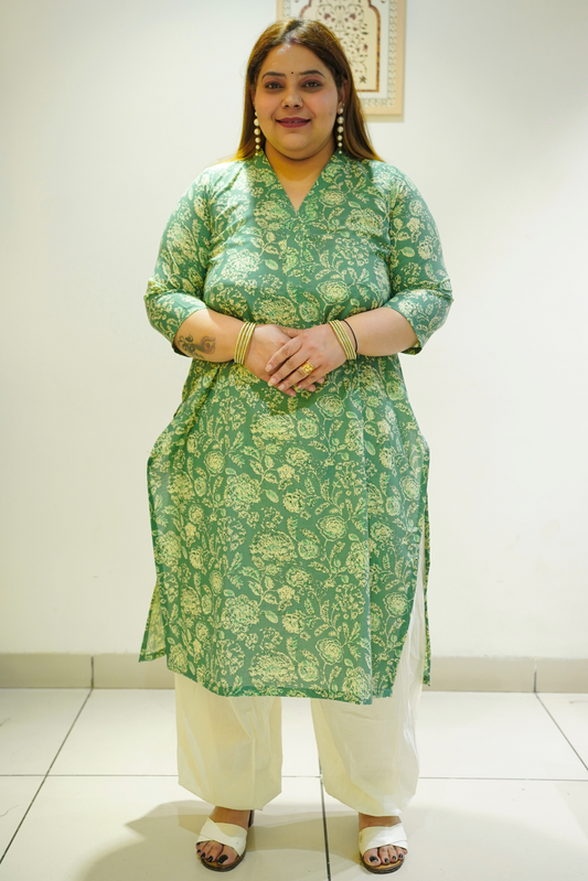 Green Cotton Floral Print Kurta