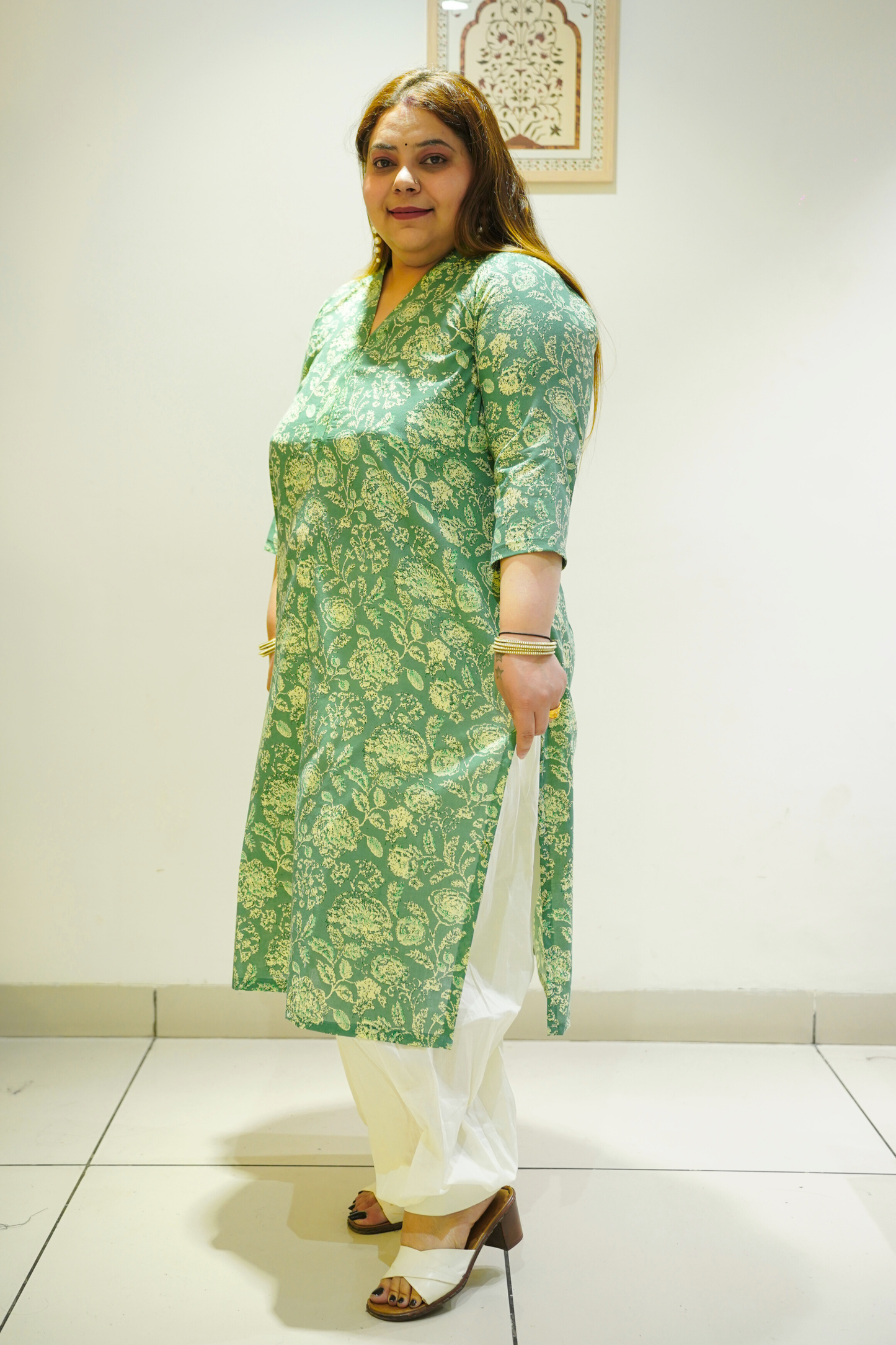 Green Cotton Floral Print Kurta