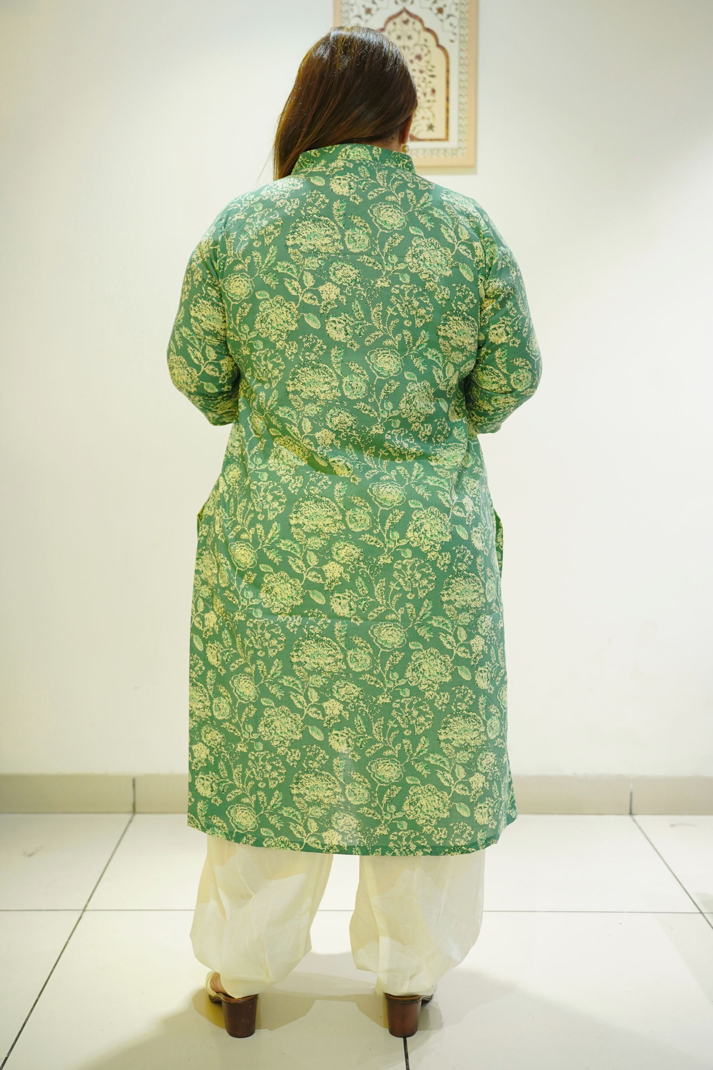 Green Cotton Floral Print Kurta