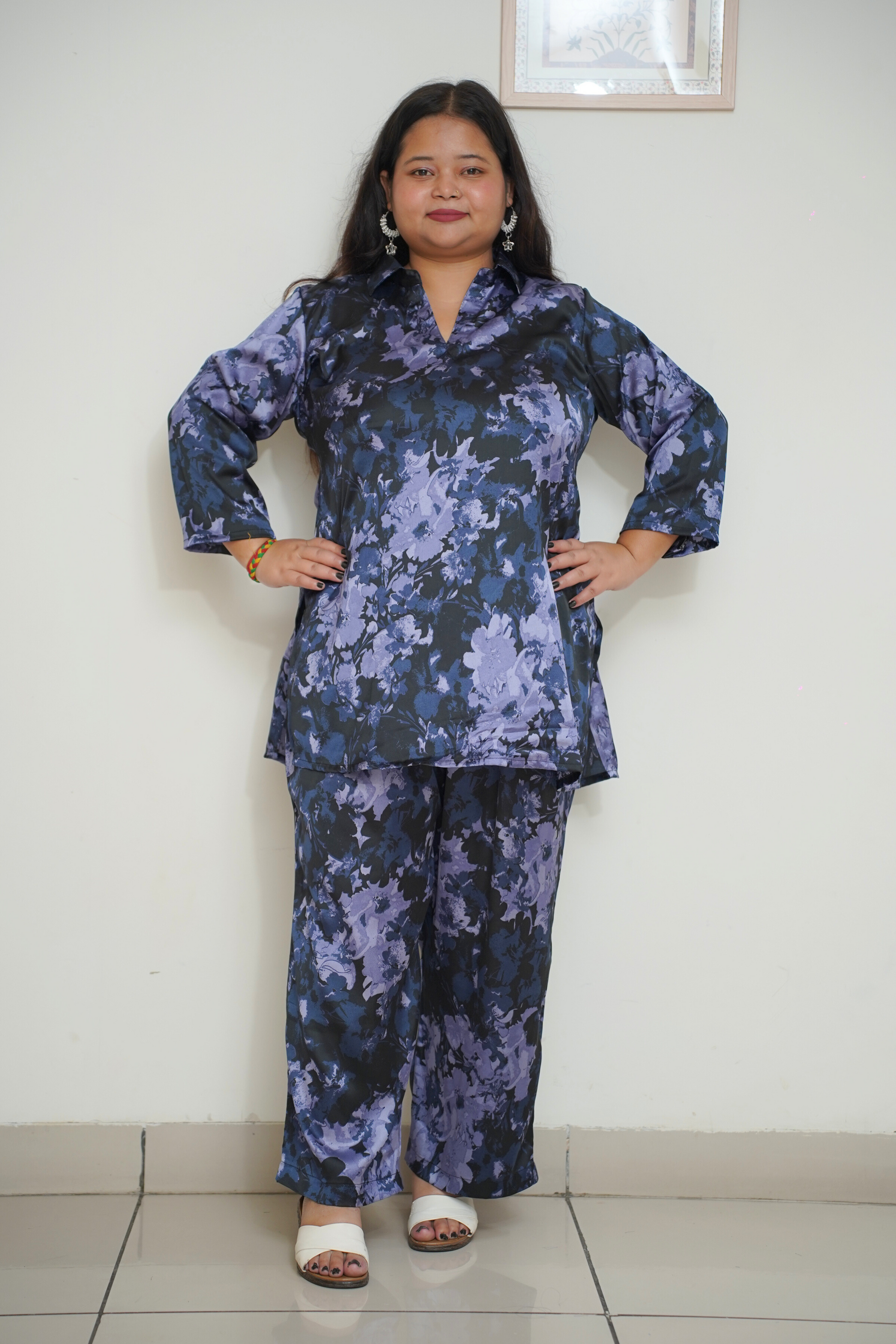 Women Plus Size Navy Abstract Printed Co-ord Set with Pockets