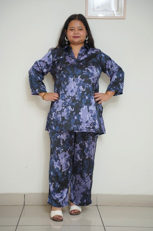 Women Plus Size Navy Abstract Printed Co-ord Set with Pockets