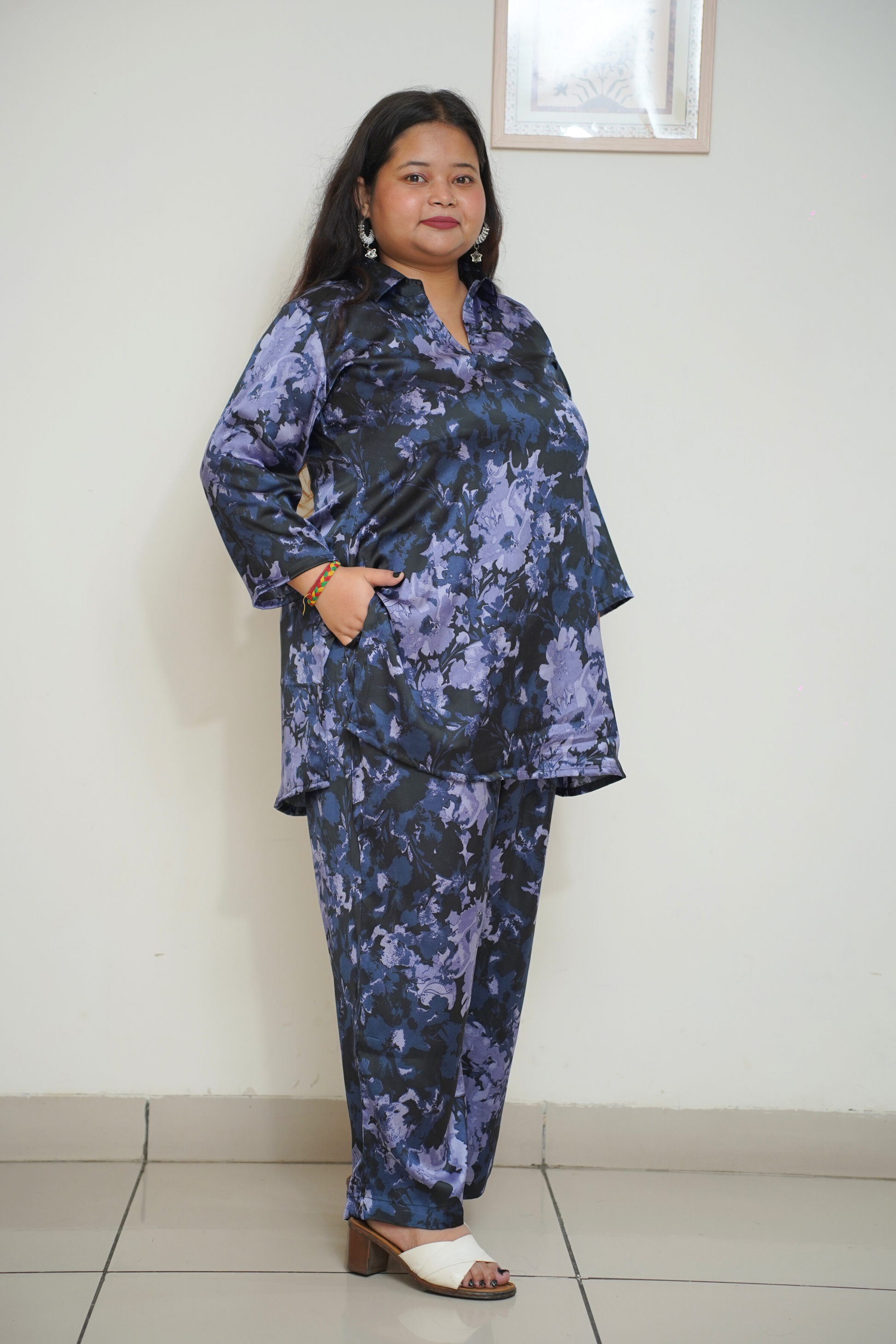 Women Plus Size Navy Abstract Printed Co-ord Set with Pockets